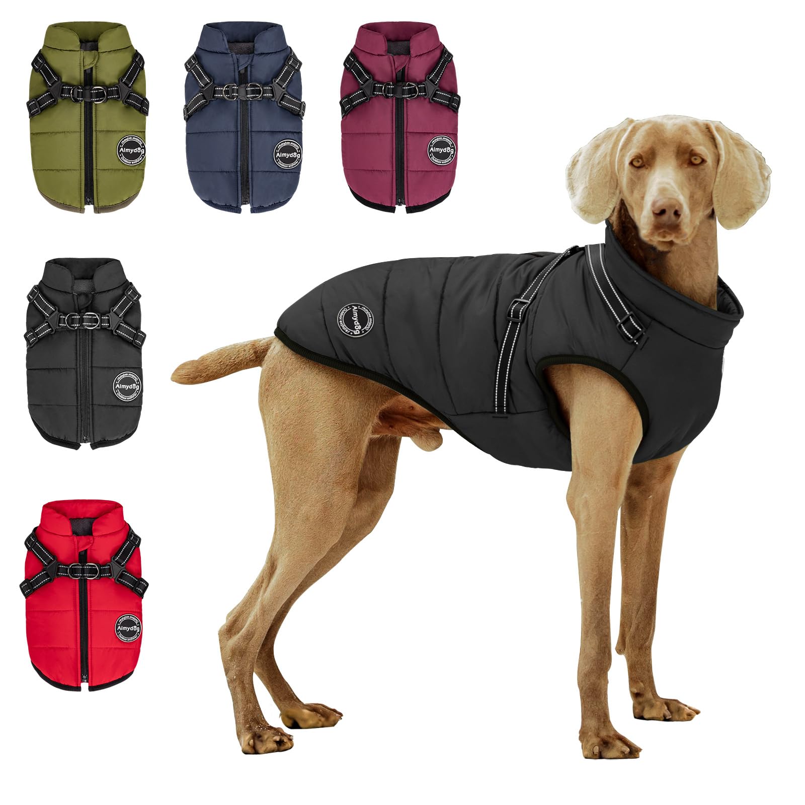 Abrigo de invierno cálido para perro, chaqueta resistente al viento, chaleco negro reflectante y ajustable para mascotas con arnés, forro polar grueso, ropa acogedora para perros y gatos