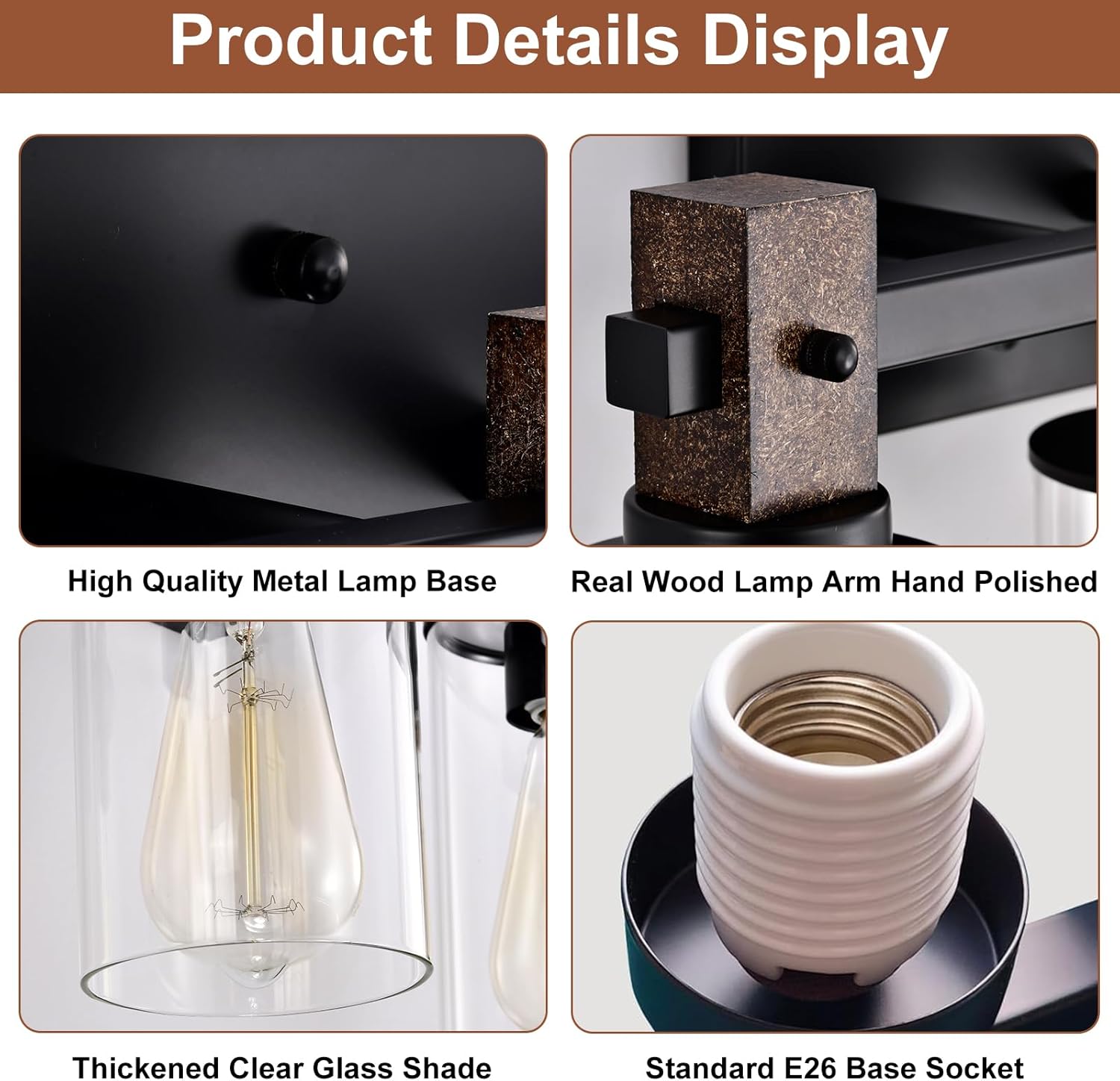 3-Light Bathroom Vanity Fixture,Brown Farmhouse Rustic Light with Clear Glass Cylinder Shades,Matte Black Metal & Wood Wall Sconce,E26 Base for Bathroom Vanity,Mirror,Hallway