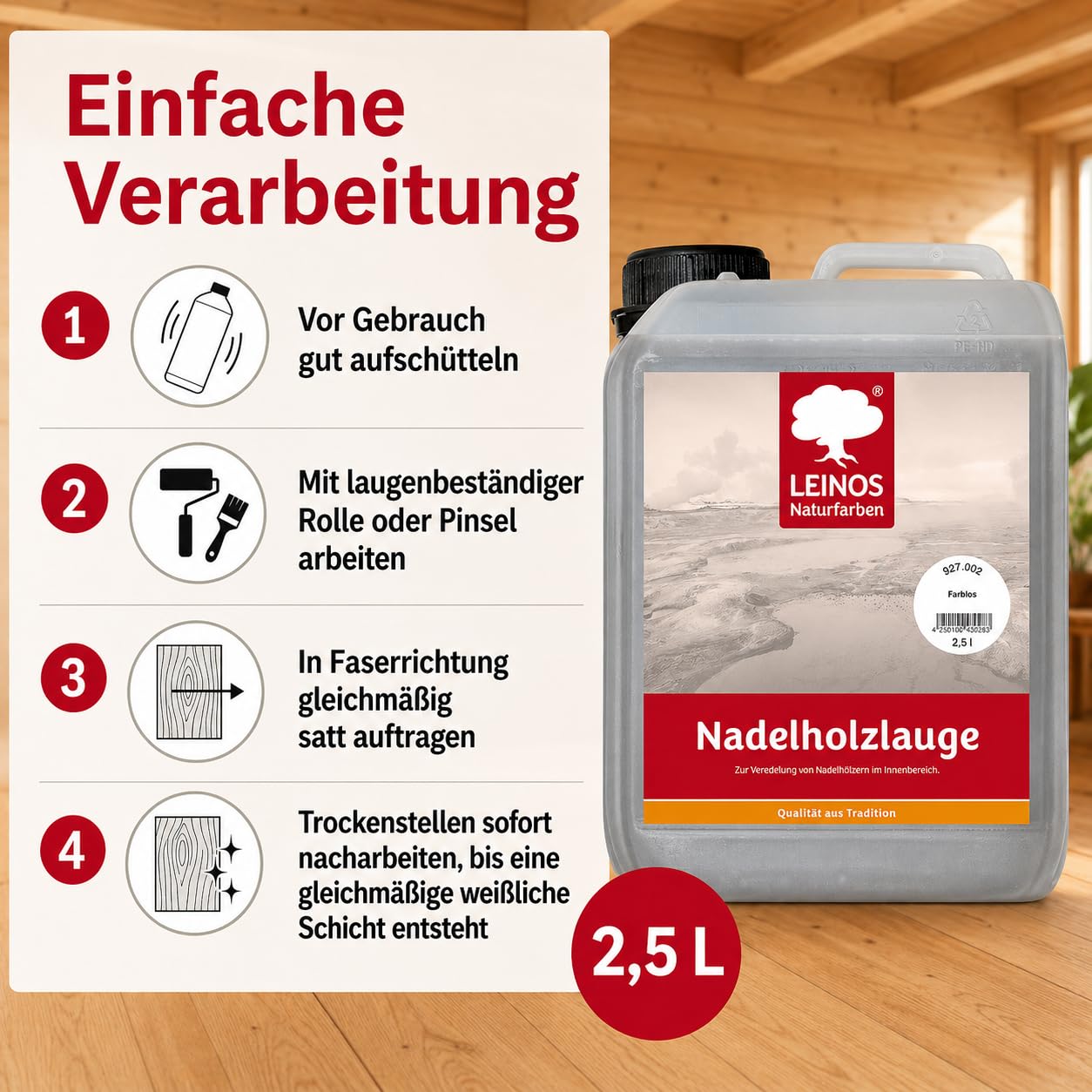 LEINOS 927 Nadelholzlauge Farblos 2,50 l – Veredelung für Kiefer & Fichte im Innenbereich – Stoppt Vergilbung, bewahrt natürliche Optik – Für Böden, Möbel & Decken – Ergiebig & natürlich