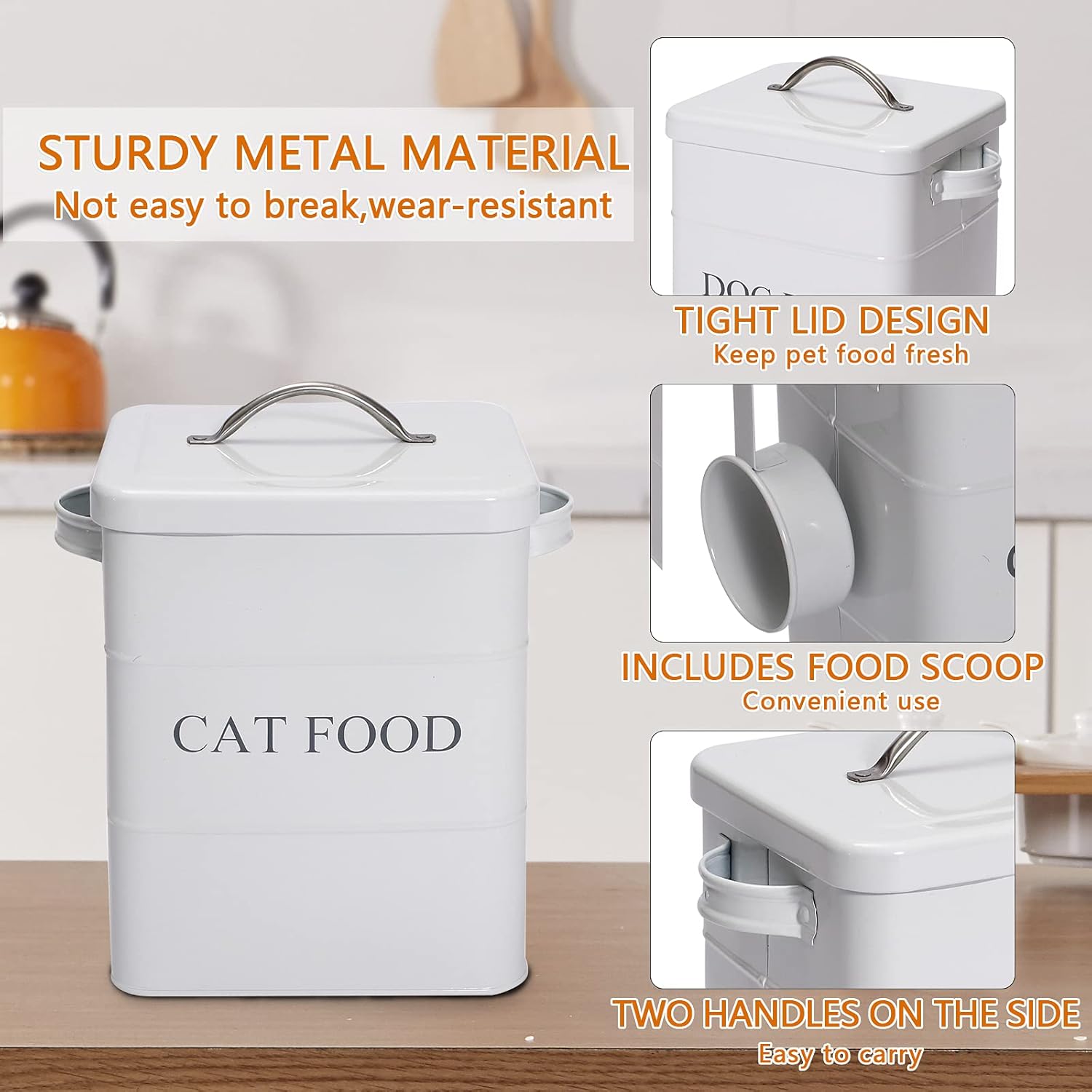 Geyecete airtight CAT Treat Container bin and CAT Food Storage Tin with Lid with Handle Serving Scoop Included Cream Powder - Coated Carbon Steel - Tight Fitting Lids-White : Pet Supplies