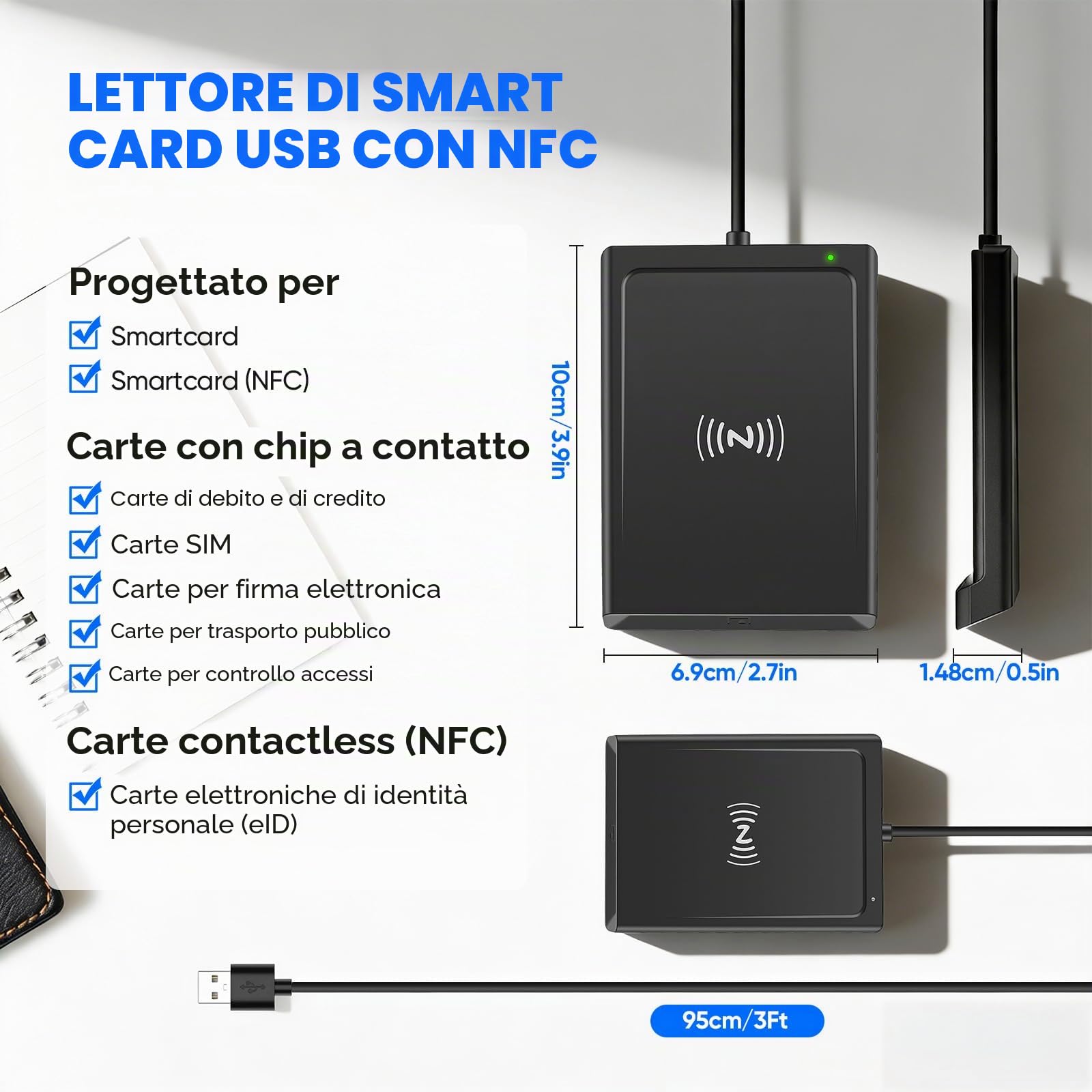 Lettore Smart Card Firma Digitale con NFC, Lettore CIE 3.0 Carta d'Identità e Tessera Sanitaria, Lettore di Smart Contatto e Contactless CIE/CRS/CNS, Compatibile con Windows7/8.1/10/11,Linux (nera)