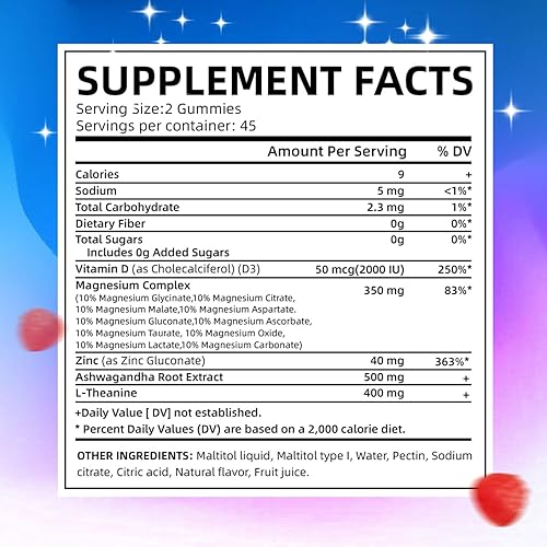 Miniatura 4 de Complejo de magnesio 14 en 1 gomitas sin azúcar, con Ashwagandha, L-teanina, D3 y zinc, suplementos de cortisol para mujeres, sabor a fresa, 90