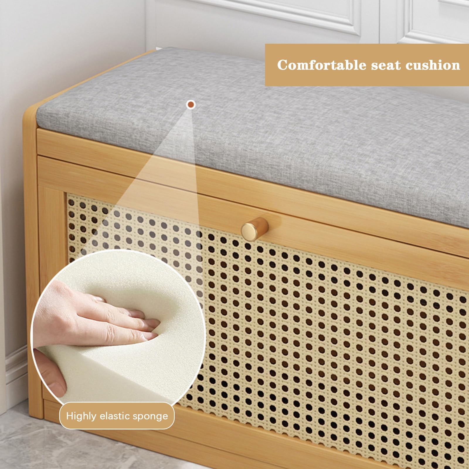 Zapatero estrecho con asiento acolchado, 2 cajones, zapatero de madera de 2 niveles con puertas de ratán y estantes ajustables para entrada y pasillo (70 cm)