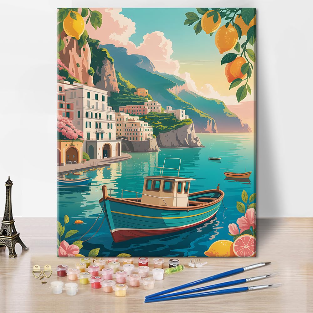 TISHIRON Landscape Paint by Numbers Kit for Adults Picturesque Amalfi Coast with Colorful Boat and Blooming Lemons in Italy Paint by Number with Brushes and Pigment, 16x20 Inch