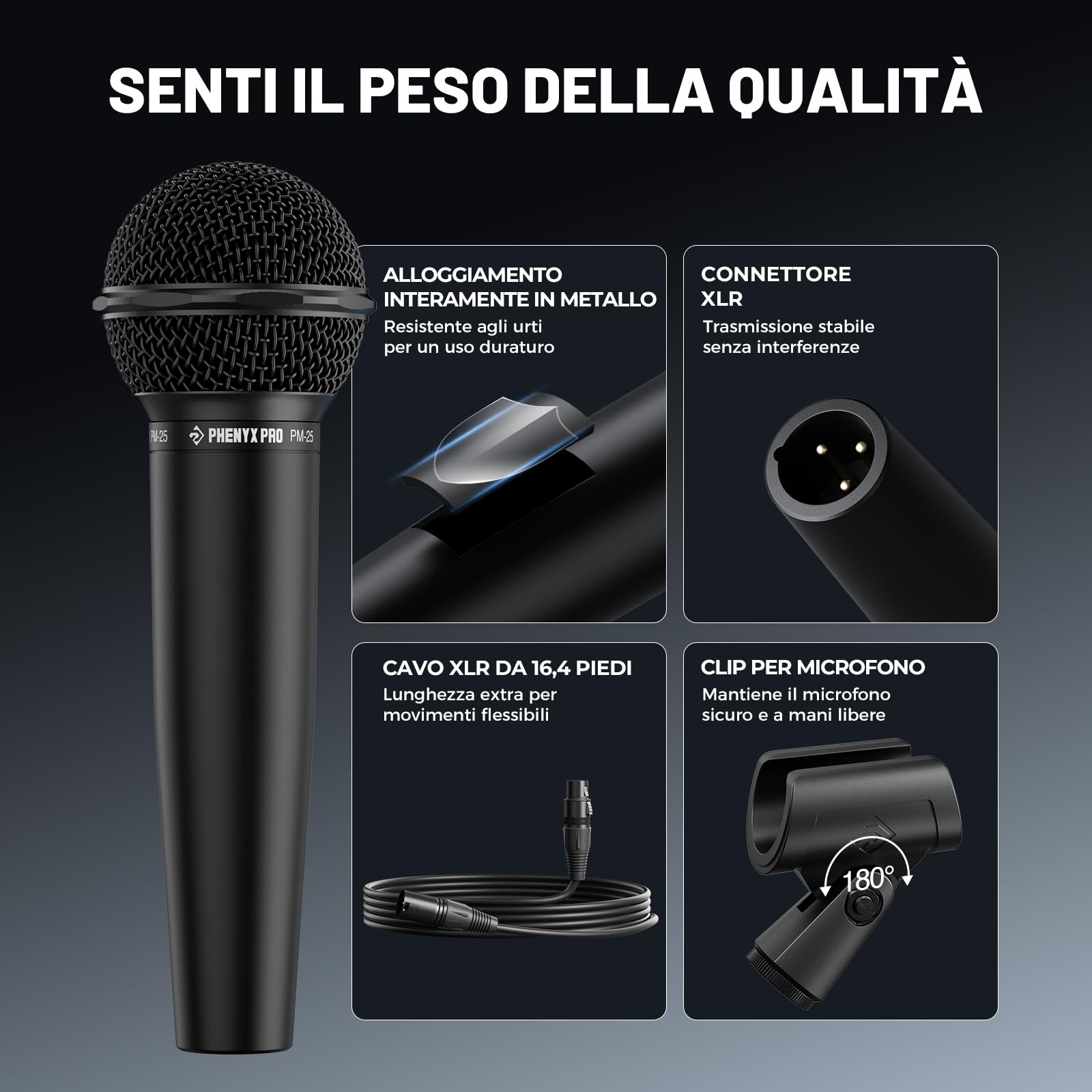 Phenyx Pro Microfono Vocale Dinamico Cardioide XLR PM-25 | Capsula cardioide, Microfono palmare dinamico, Cavo XLR 5 m, Clip microfono, Borsa trasporto, Canto, Palco, Studio, Karaoke