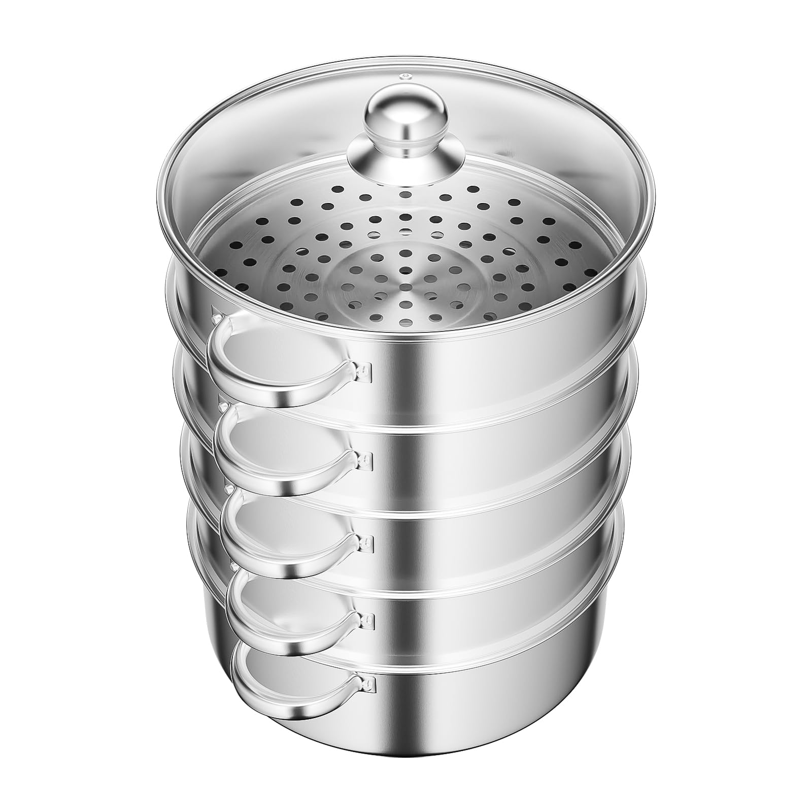 5-Etagen Edelstahl Dampfgarer, Mehrzweck-Kochgeschirr Induktion Edelstahl Gemüsedämpfer mit Transparenter Topf-Deckel 30 cm Kochtopf Dampftopf für gleichzeitiges Dämpfen Suppe Nudeln Fische