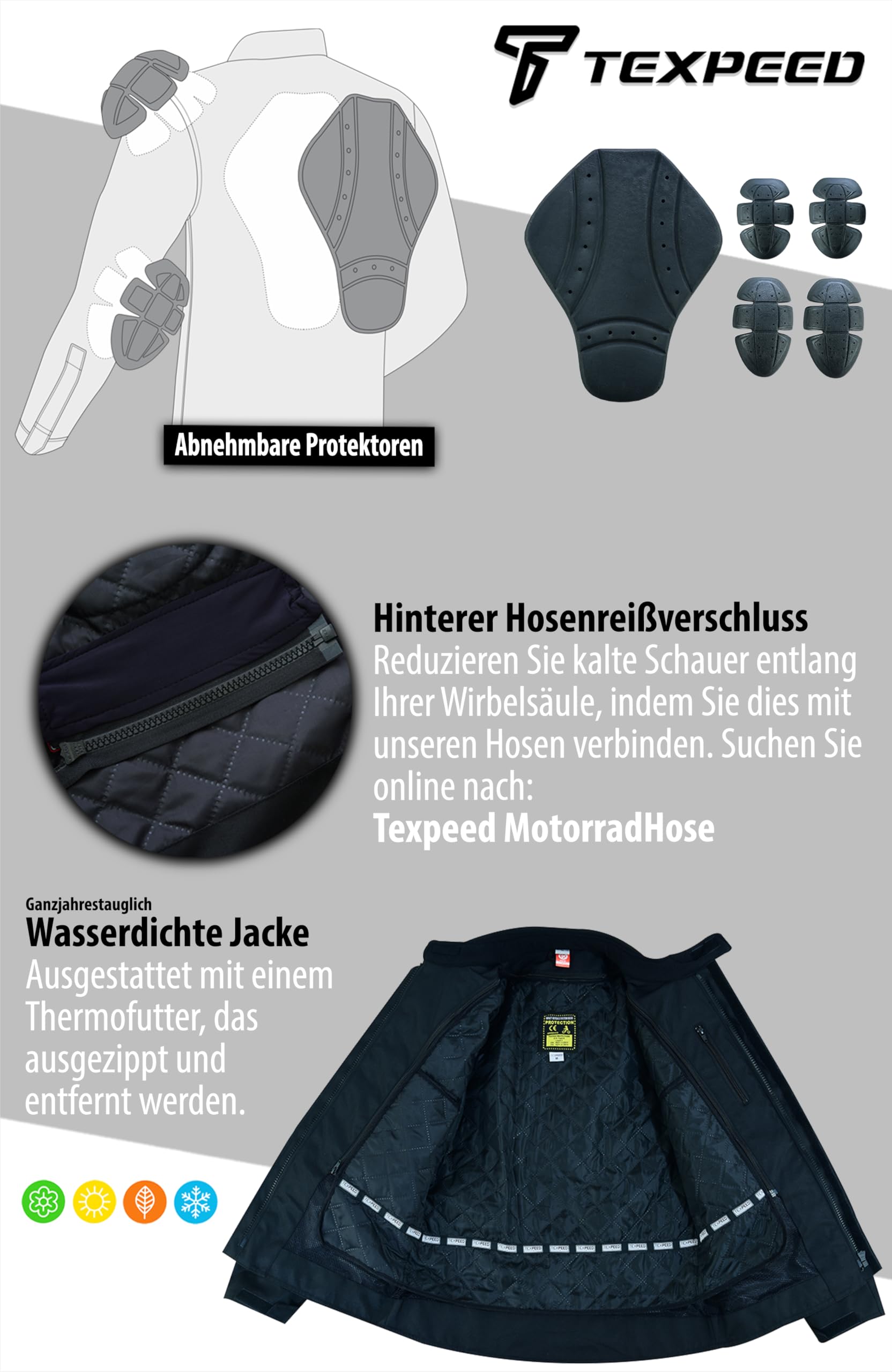 Texpeed Motorradjacke herren mit protektoren - Motorrad Motorroller Biker Wasserdicht Jacke Mit Rüstung (EN 1621-1) Schwarz - XL