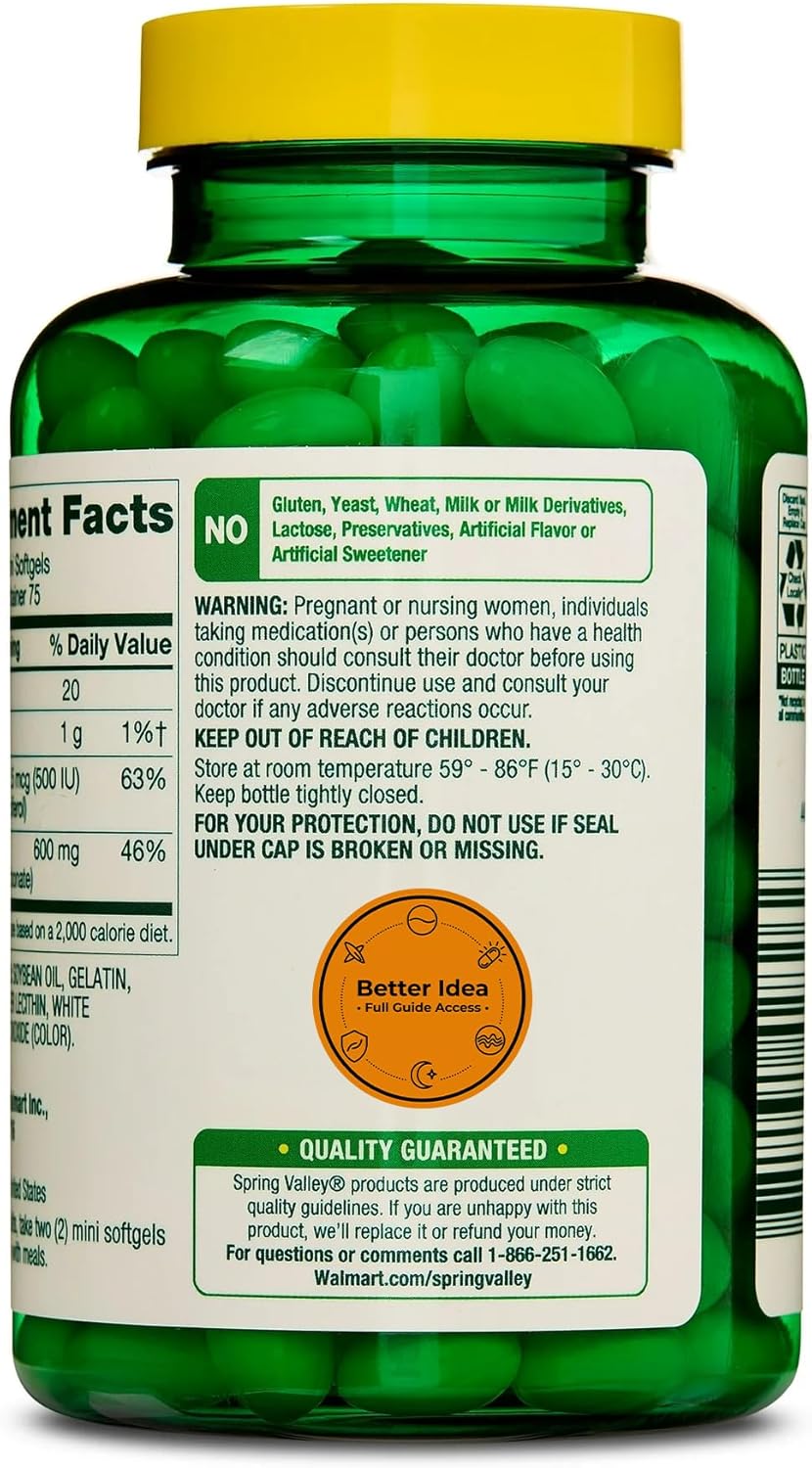 Spring Calcium Plus Vitamin D3 150 Mini Softgels | Calcium Supplement | Easier to Swallow | CaIcium 600 mg with Vitamin d3 | 150 Mini Softgels + Better Idea Sticker with Full Guide Access