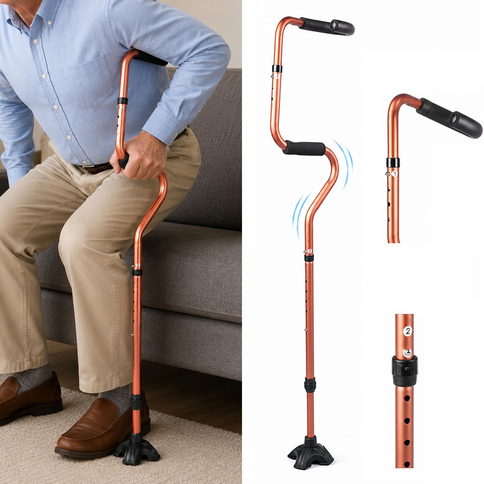 Bastone da passeggio Quad per uomo e donna, regolabile in altezza, con doppia impugnatura ergonomica e base in alluminio a quattro punte, pieghevole, leggero, portata fino a 100 kg, aiuto per la