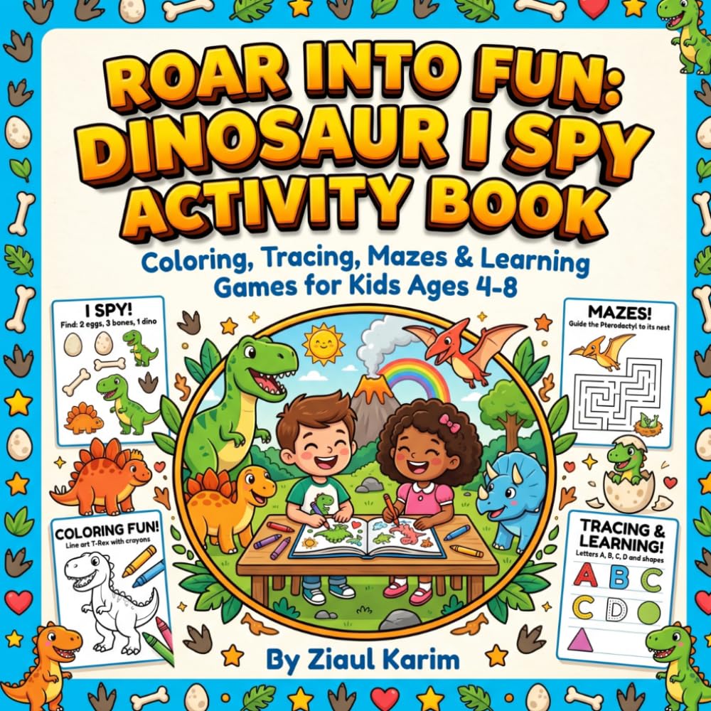 Roar into Fun: Dinosaur I Spy Activity Book: Coloring, Tracing, Mazes & Learning Games for Kids Ages 4-8" (Spy, Color, Trace & Learn Activity Series)