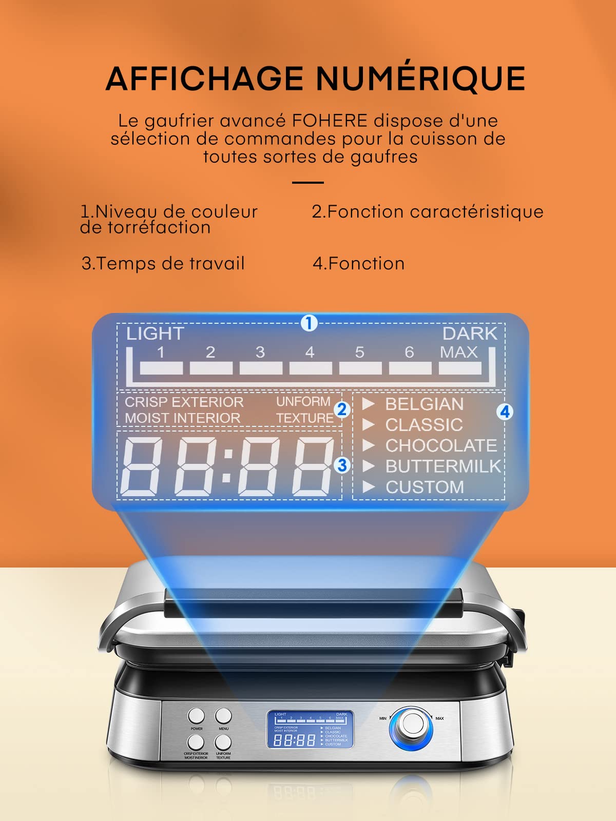Gaufrier Gaufre Belge, Gaufrier Double Intelligent Pro Avec Affichage Led, 2 Tranches, 5 Programmes DifféRents, 7 Niveaux De Brunissage, Acier Inoxydable (Argent)