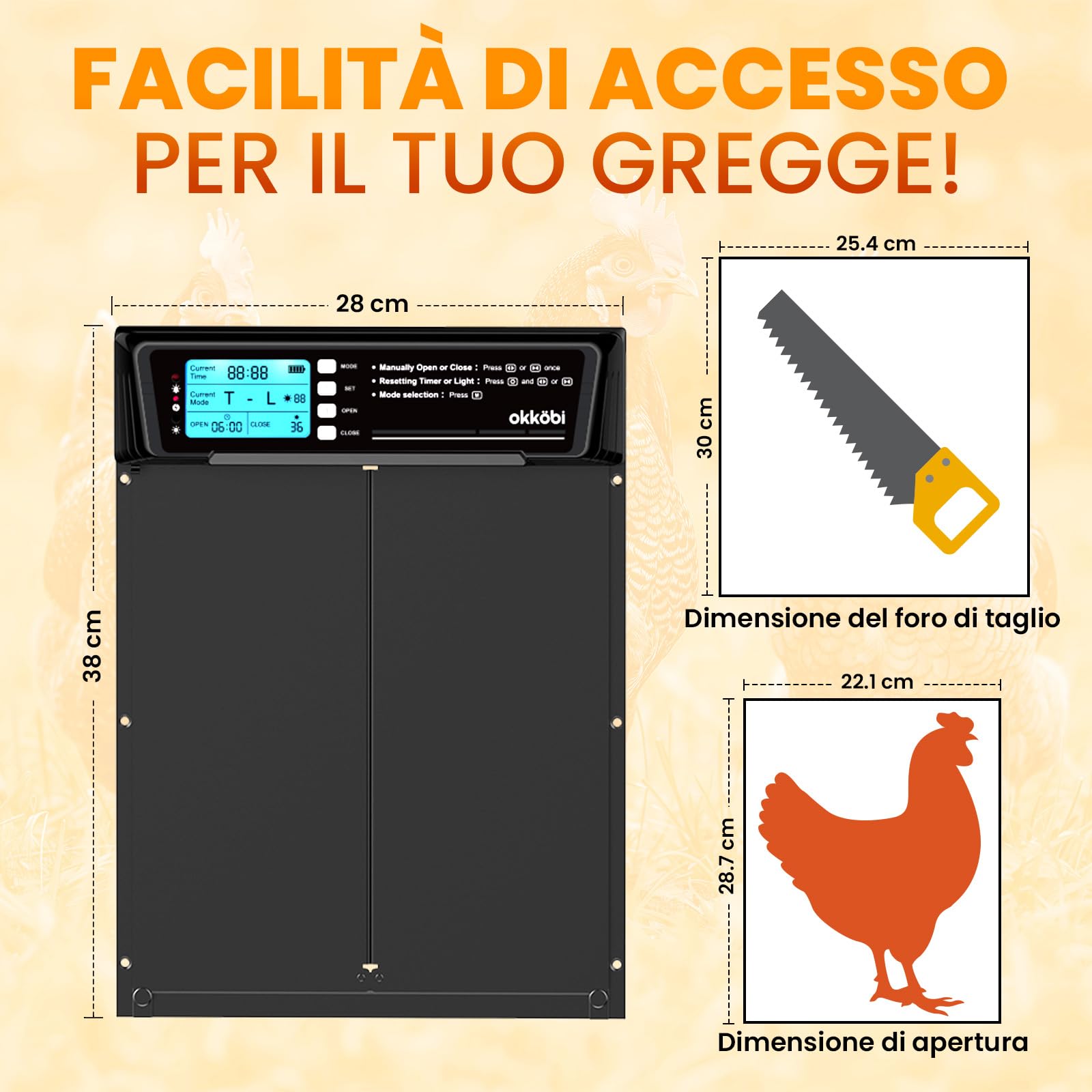 Porta Automatica Pollaio Extra Large Solare – Display LCD, Telecomando, Sensore di Luce, Timer & Funzione Antipizzicamento – Apertura 28,7 x 22,1 cm – Protezione 5 Anni – Nero - Okköbi