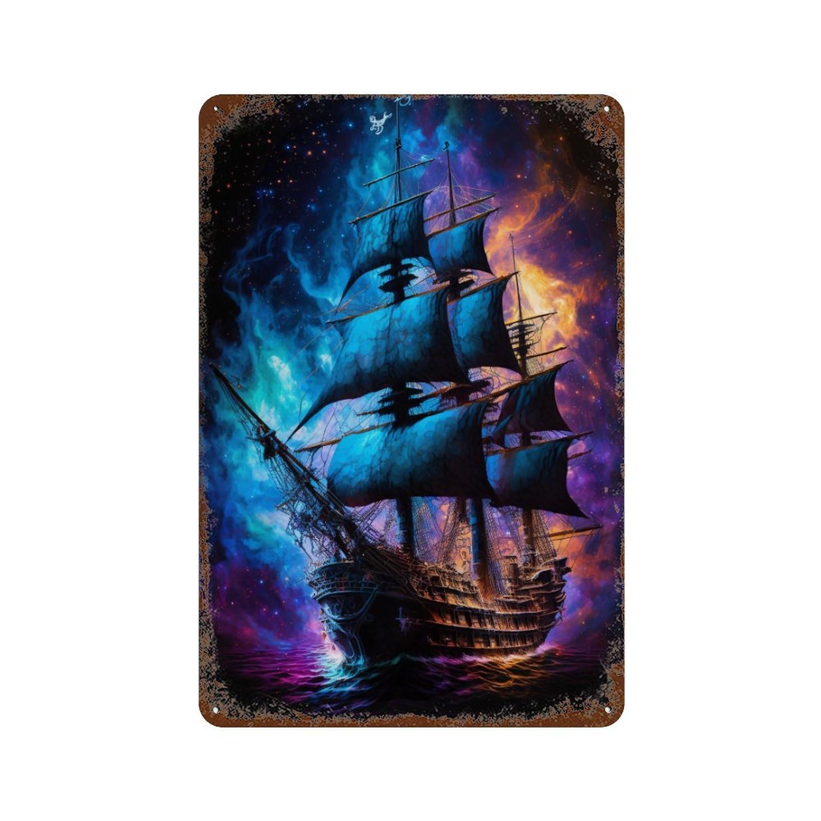 Fantasy Pirate Ship Artwork Decorative Tin Sign 11.8"x7.9", Shabby Chic Decor for Garage, Pub Or Kitchen