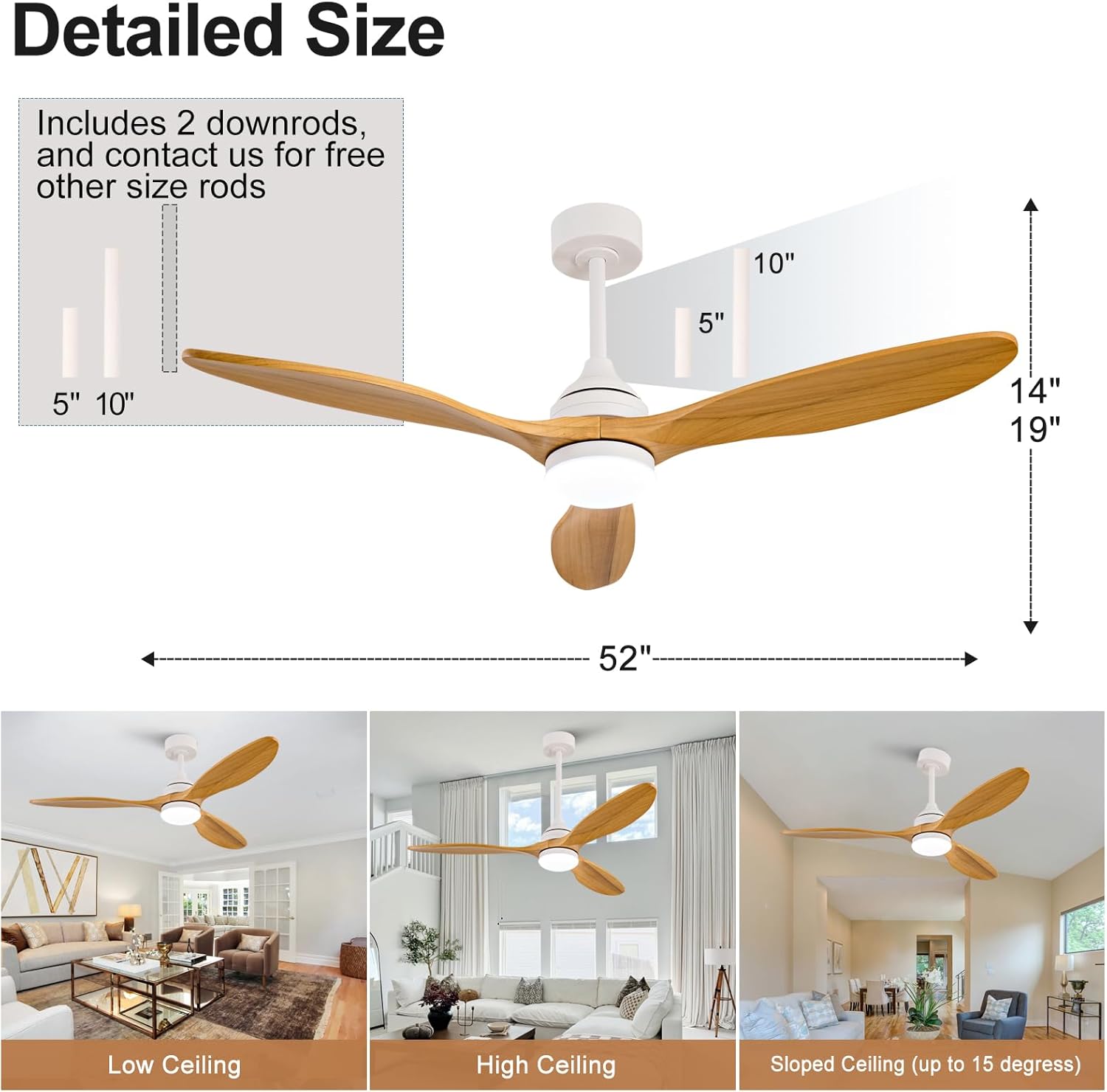 Dimmable 52 Inch Outdoor Ceiling Fan with Light and Remote, Wood Ceiling Fans with Lights and Remote White 3 Blade Outdoor Ceiling Fans for Patios Bedroom Living Room, 6 Speed DC Motor