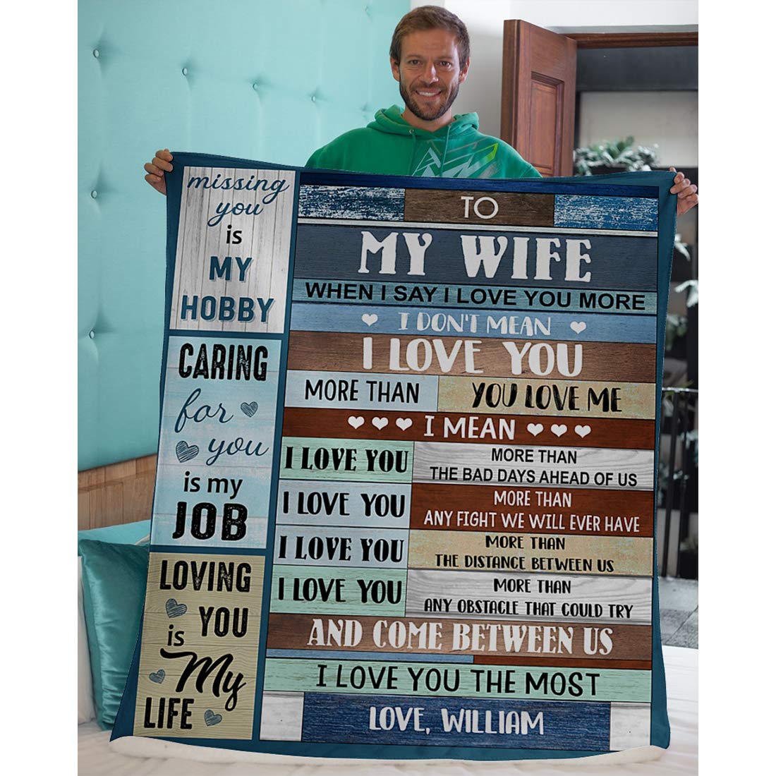 Personalized to My Beautiful Daughter Son Granddaughter Grandson Blanket, I Love You to The Moon & Back Wooden Pattern Blanket, Best Gift for Daughter Son from Dad Mom (to Wife, Sherpa)