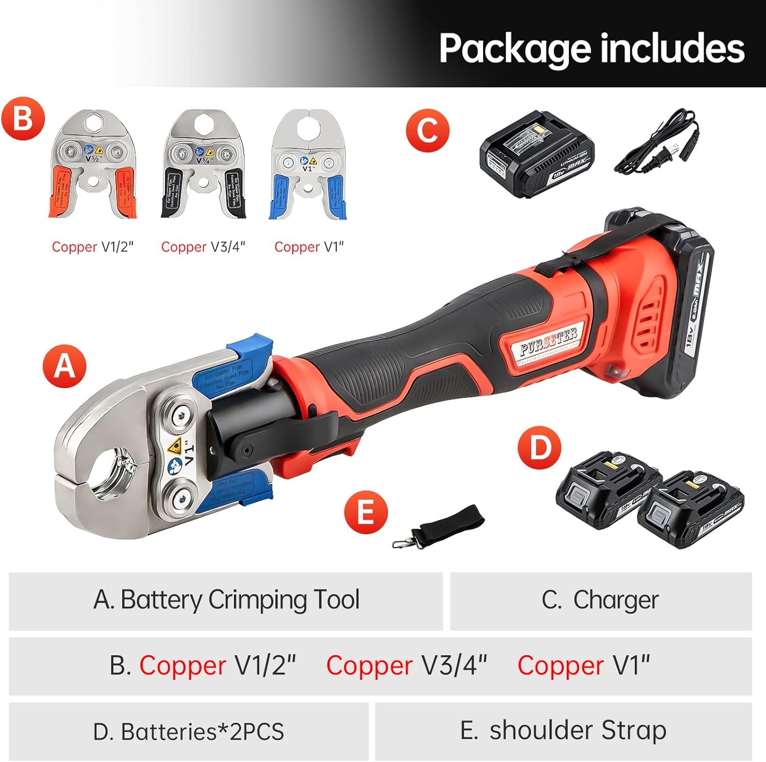 Mini Battery Powered Pro Press Copper Crimper Tool with 3 Pro Press Jaws 1/2” 3/4“ 1”, Compact Pro Press Tool for Copper Pipe, Brushless Motor 18V Electric Press Tool with 2pcs Battery