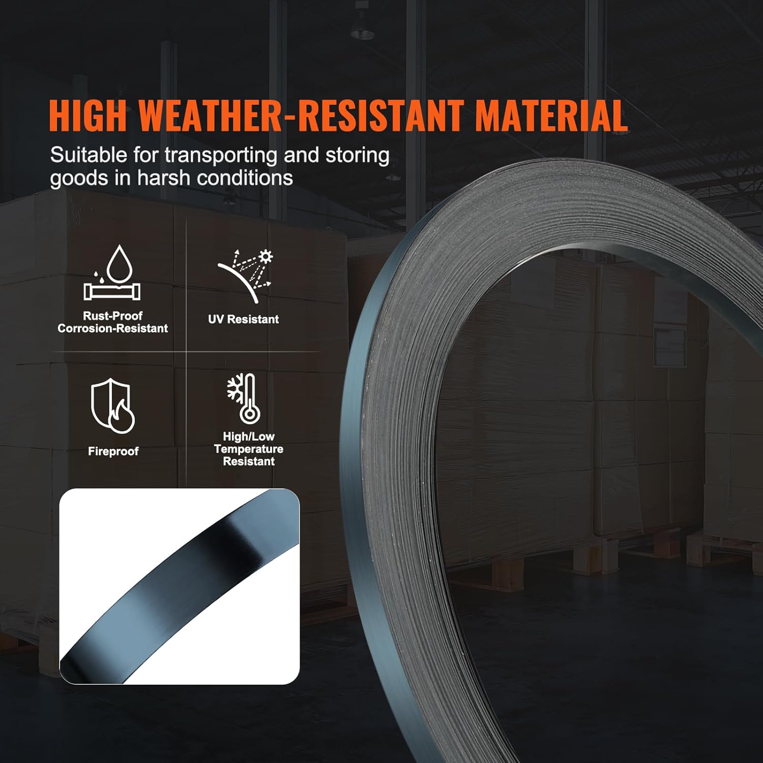 VEVOR Packaging Steel Strapping Roll, 330' Length x 1/2" Width x 0.016" Thickness, 1100 lbs Break Strength, Heavy Duty Banding Pallet Strap Coil, Portable Strong Banding Packing Metal Straps, Black