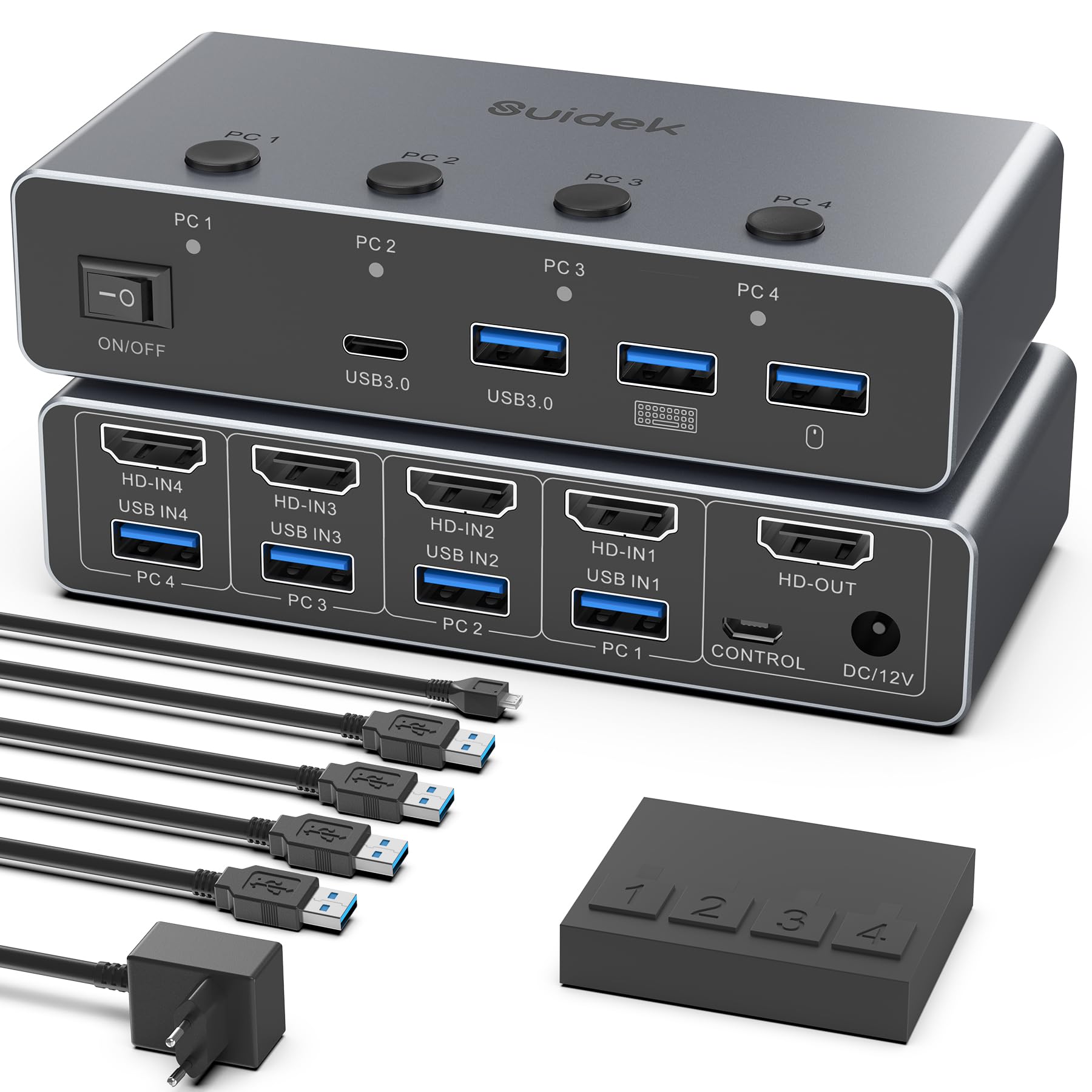 SUIDEK HDMI KVM Switch 4 PC 1 Monitor, 8K@60Hz/4K@144Hz KVM-Schalter mit 3 USB A+1 USB C für 4 Computers teilen 1 Monitor,Tastatur, Maus und Drucker, Inklusive 4 USB-Kabeln/Controller/12V-Netzadapter