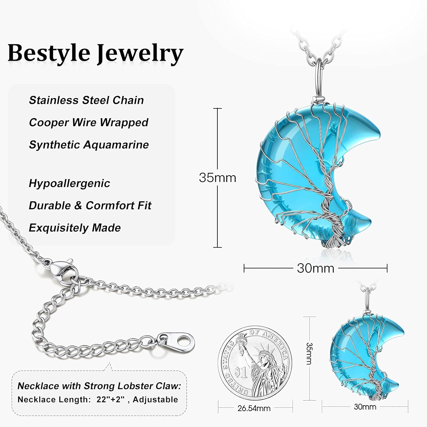 Bestyle Tree of Life Wrapped Healing Crystal Necklaces 12 Month Birthstone Pendant for Women, Crescent/Heart Gemstone Jewelry, Vintage Birthday Gifts/Energy Gift - Image 5