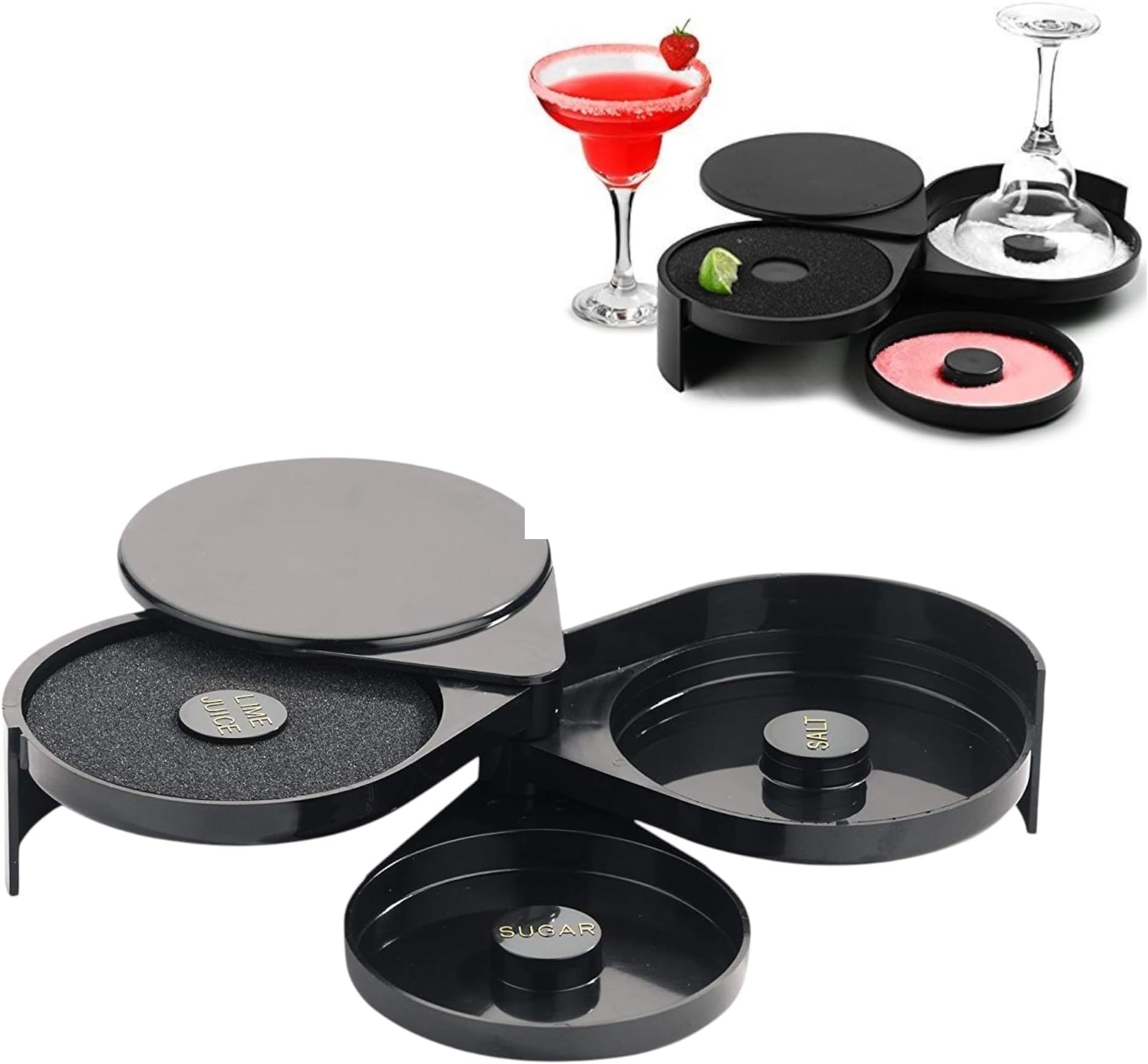 THW Glass Rimmer with 3 Compartments and Sponge, Sugar and Salt Bar Rimmer Great for Cocktails Margarita, Bloody Mary Gimlet, Professional Bar Supplies