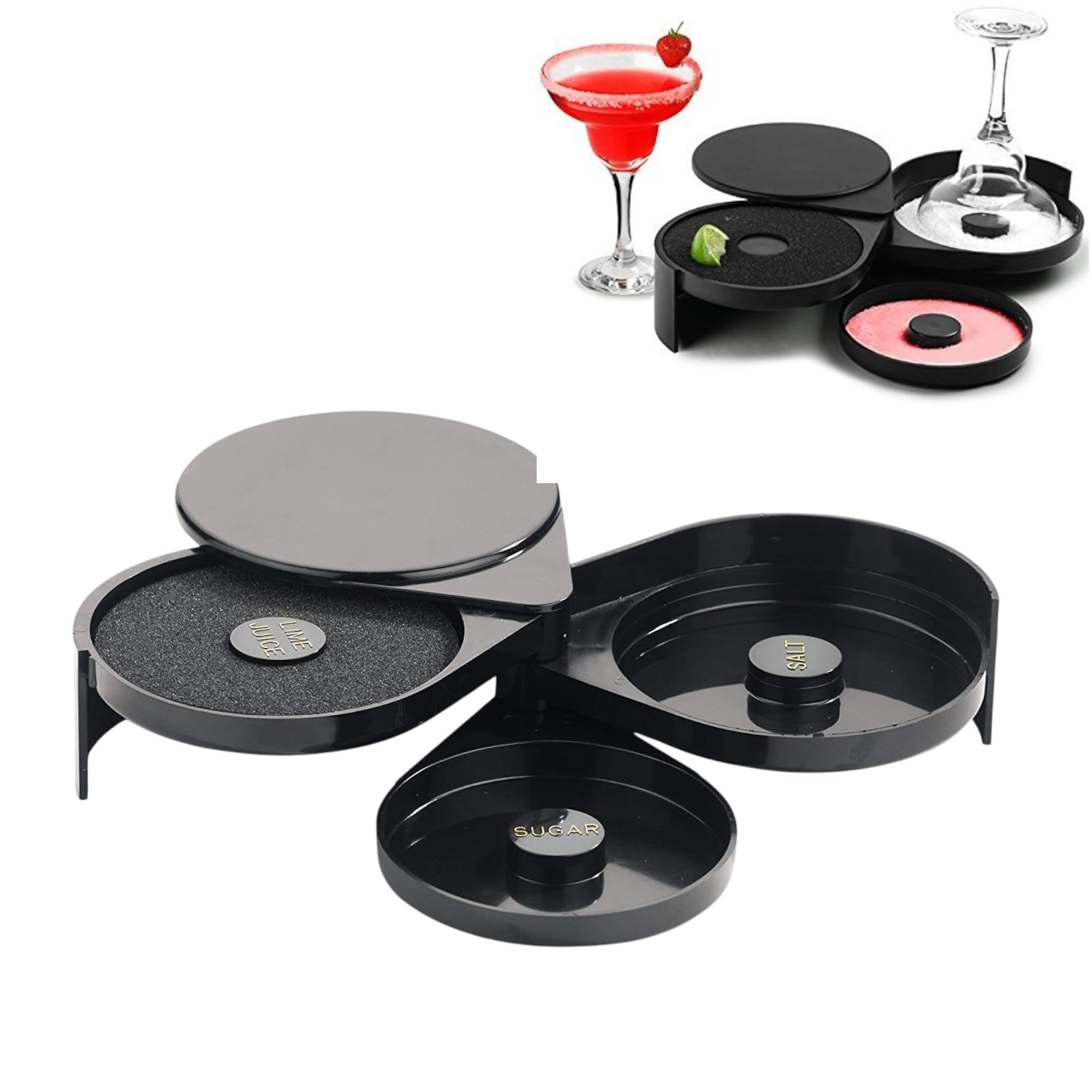 THW Glass Rimmer with 3 Compartments and Sponge, Sugar and Salt Bar Rimmer Great for Cocktails Margarita, Bloody Mary Gimlet, Professional Bar Supplies