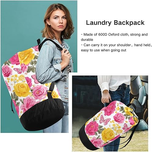 Vista 54 de Mochila de lavandería con correas ajustables para el hombro, bolsa de lavandería sucia para viajes, campamento, universidad, resistente, Rosa floral