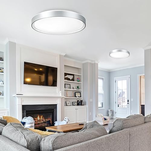 Miniatura 7 de DLLT - Lámpara de techo redonda de cristal de 45 W, moderna lámpara LED regulable cerca del techo, lámpara de techo plateada de 20 pulgadas para