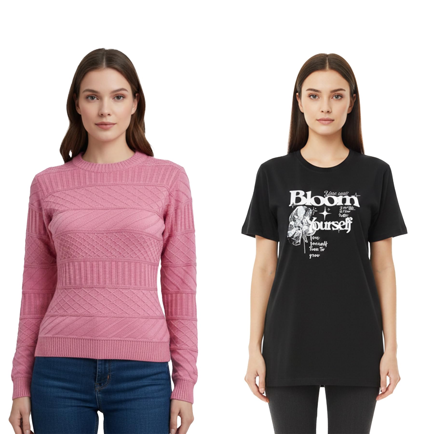 Women’s Top Combo Pack of 2 | Pink Full Sleeve Sweater & Black Graphic T-Shirt | Casual Winter & Summer Wear Tops Stylish Tops for Women-image-38