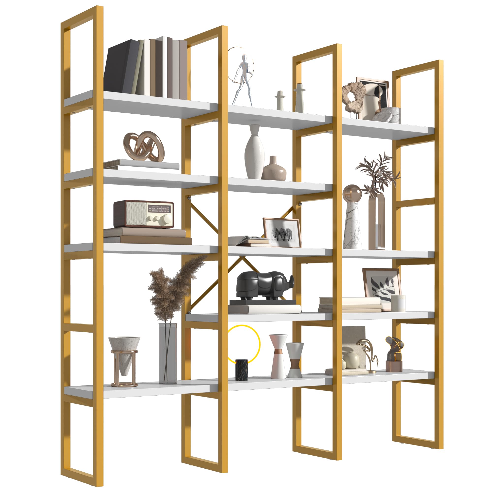 Jehiatek Gold Bookshelf 5 Tiers, Geometric Bookcase, 71"L x 71"H Tall Etagere Book Case, Sturdy Metal Frame, Freestanding Display Shelving Unit for