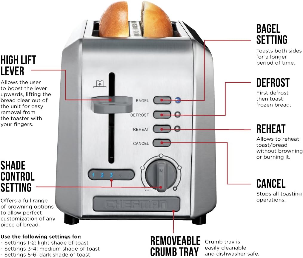 Chefman Stainless Steel 2-Slice Wide Slot Toaster w/Bagel, Defrost, and 5 Shade Settings Quickly Toasts Muffins, Bagels, Bread and More