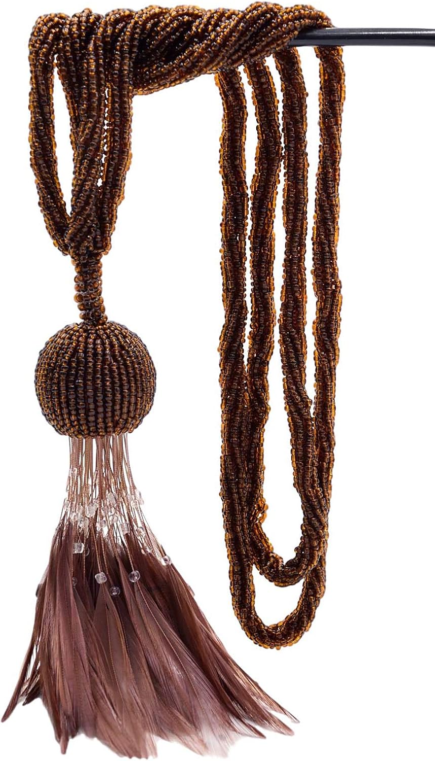 DÉCOPRO Beautiful Beaded Tassel Tiebacks exquisitely Handcrafted with Exotic Feather Design Tassel Length 5" (12.5cm) 23" Spread (58cm) (Style# TBBDFEATH5) Toasted Chestnut #D2 (Dark Brown) Pack of 2