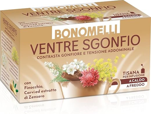 Bonomelli, Functional Herbal Tea - Deflated Belly - 16 Filters - Dietary Supplement with Fennel, Anise and Carvi - Counteracts Swelling and Abdominal Tension (32g)