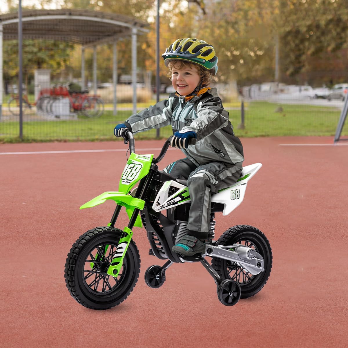 12V Electric Kids Motorcycle, Ride on Motorcycle with Twist Grip Throttle, Treaded Tires, Training Wheels, Music, 3.1mph Top Speed, Ages 3-6 Years Old, Green