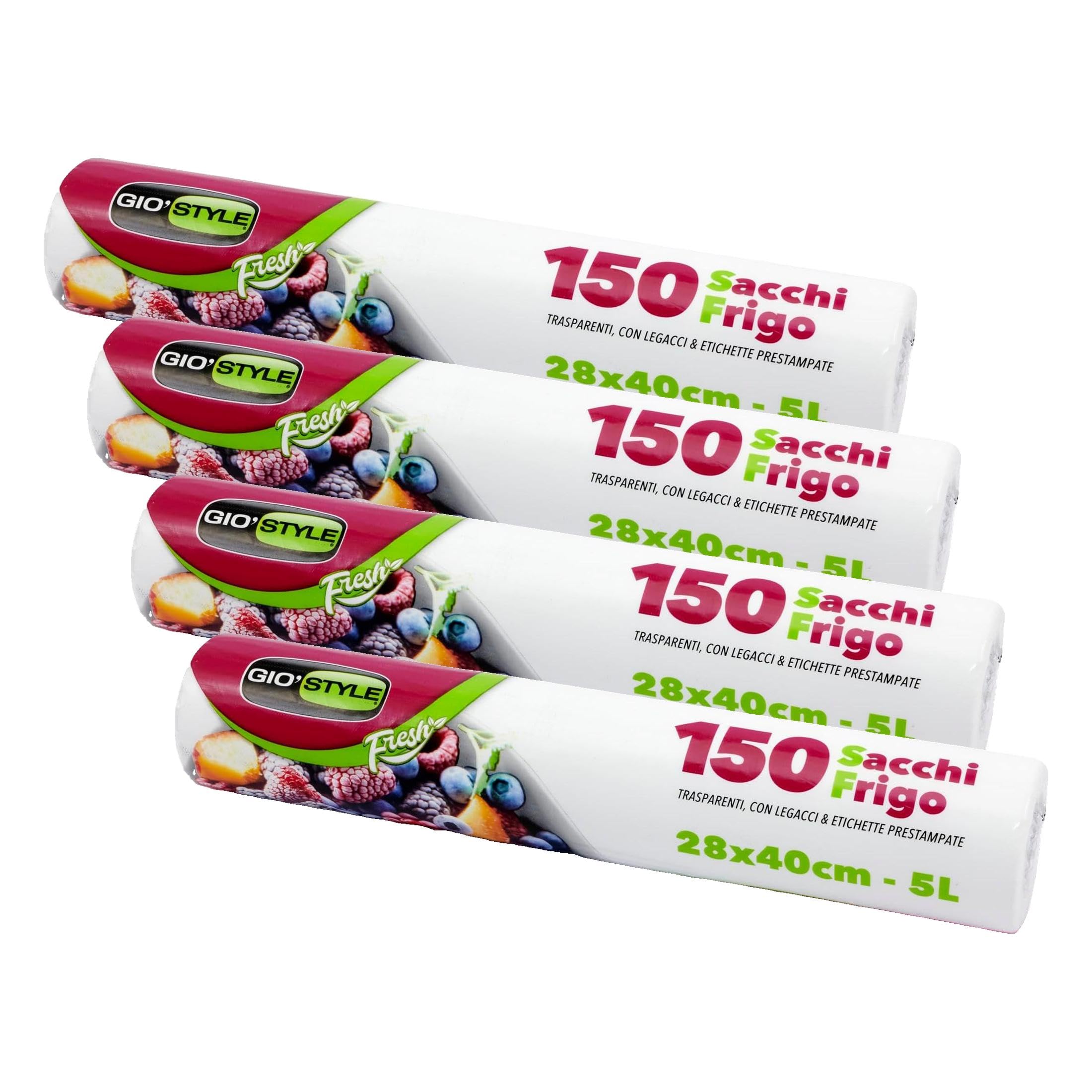 GIO'STYLE 150 sacchetti freezer in rotolo Fresh | 28x40 cm / 5 lt | Ultra resistenza | Etichetta prestampata su ogni sacchetto (Confezione da 4)