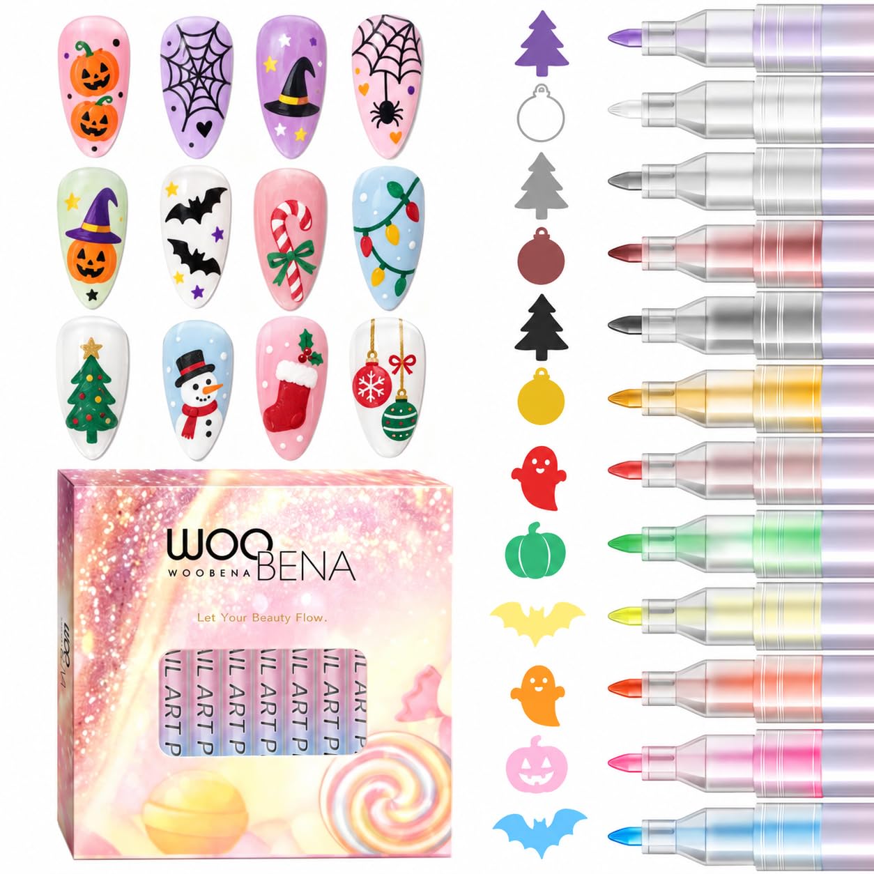 Nail Art Pens 12 Colors Set, 2026 New 3D Nail Polish Doodle Pens,Quick Dry Women Painting Nail Art Markers for DIY Nail Design, Home & Salon Christmas Gifts