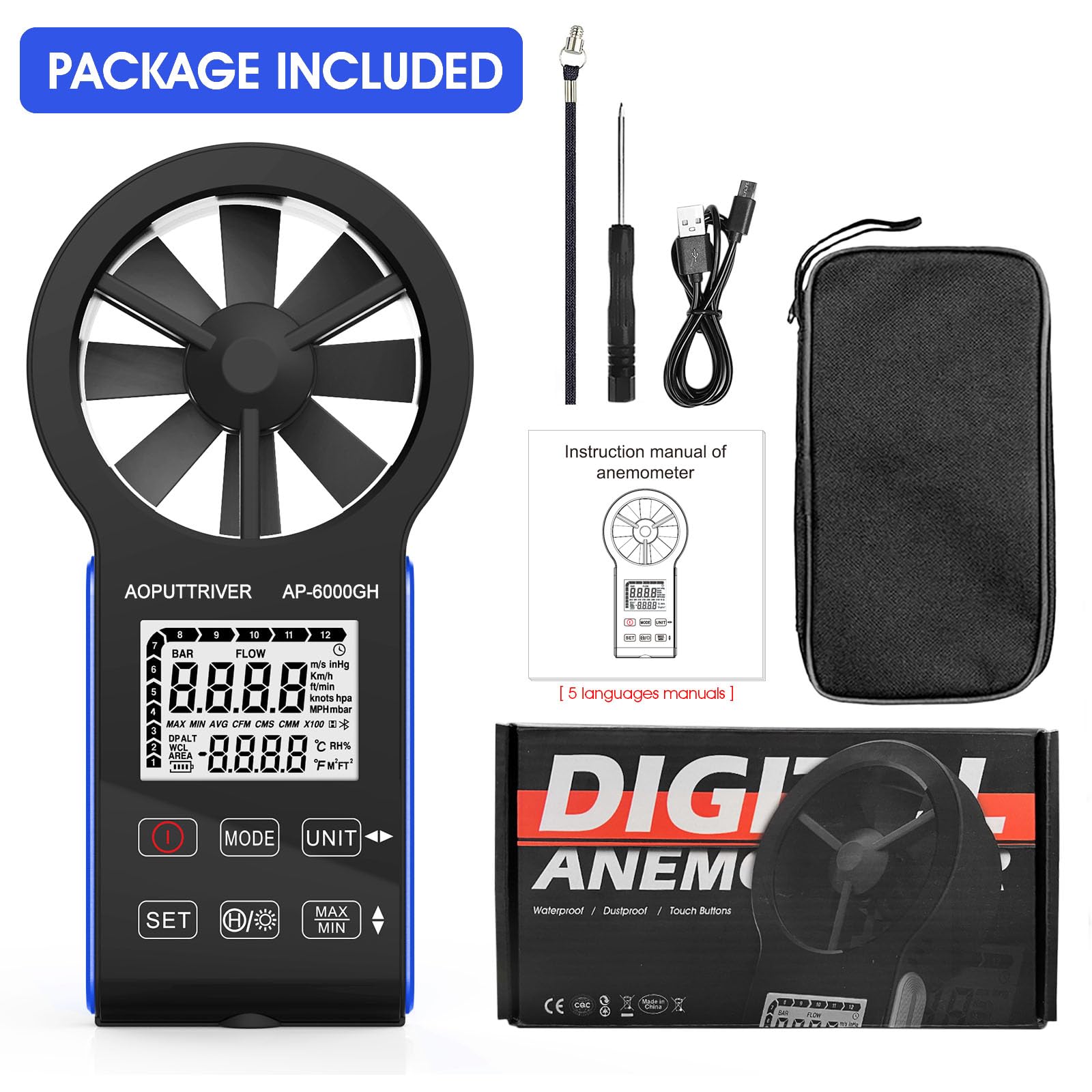 6000WM-APP - Anemometro digitale portatile, anemometro CFM, con temperatura (°C/°F), 5 unità, velocità del vento, volume d'aria e misurazione della temperatura per HVAC, Marine