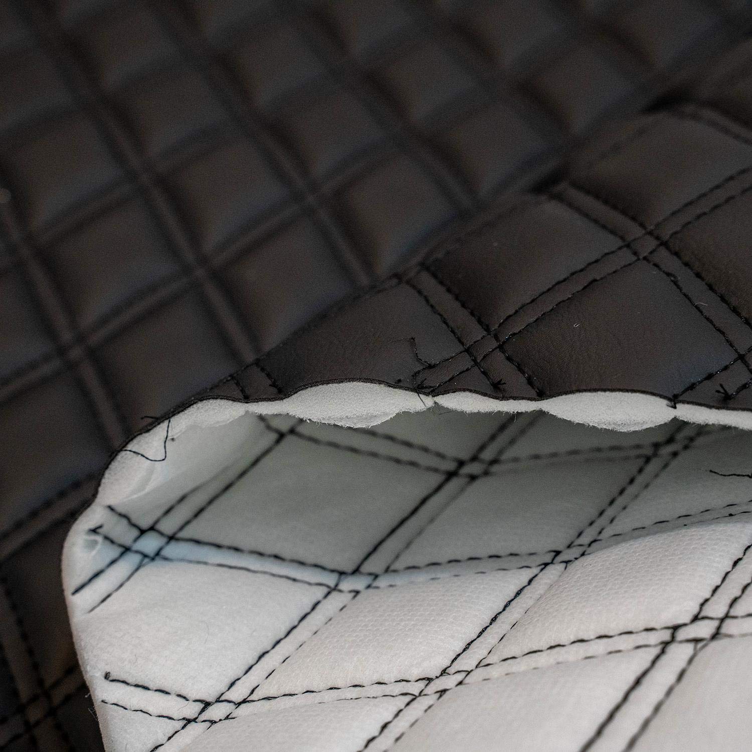 Double Stitch Diamond Bentley Car Quilted 6mm Scrim Foam Faux Leather Leatherette Upholstery Fabric - Black with Black Stitching - Sample