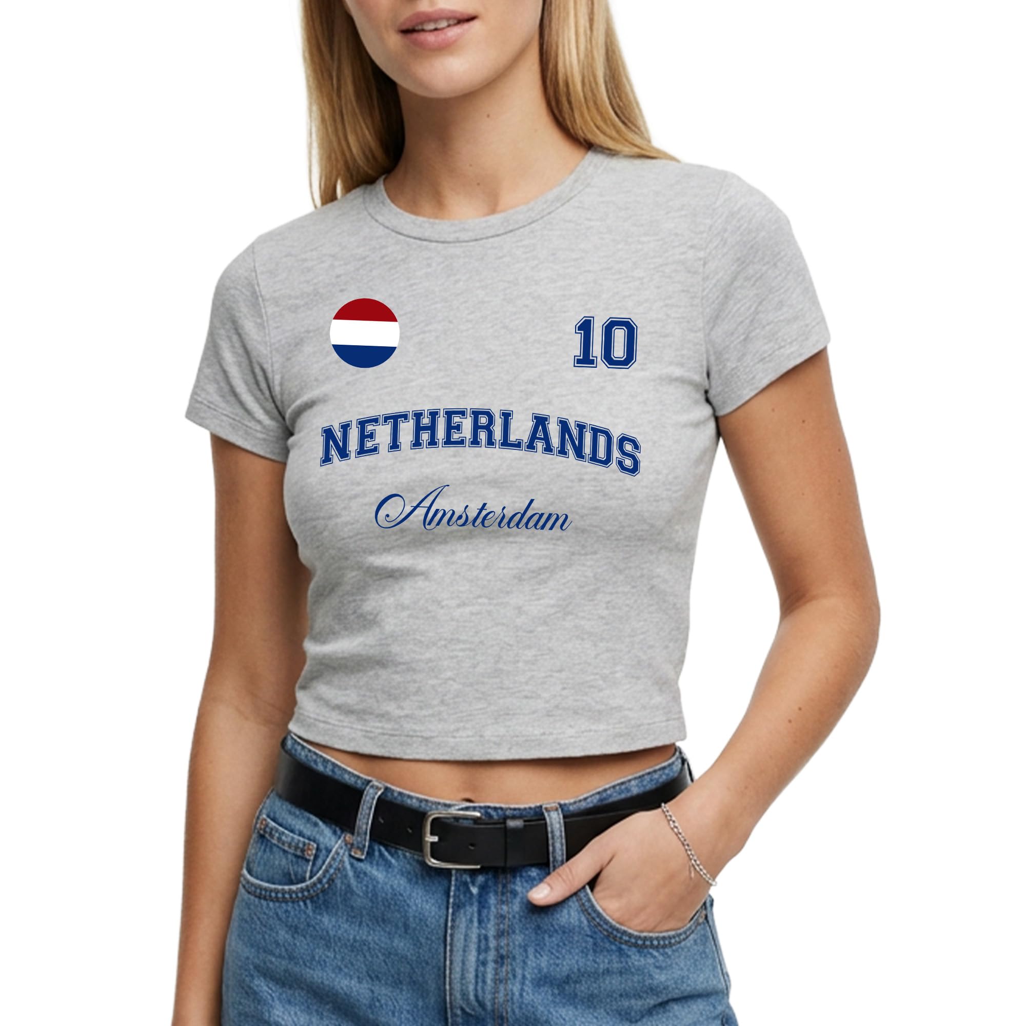Netherlands Womens Baby Tee - Custom City Name Number Badge Short Top Tshirt Ladies Holland Supporter Fan Footie, XS, Sport Grey