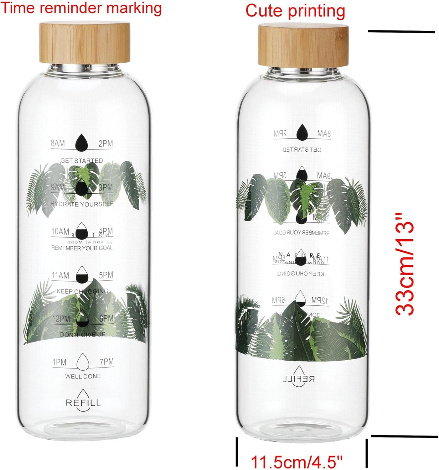 Glass Water Bottle 64 Oz with Time Markers, Wide Mouth Bamboo Lid, Neoprene Sleeve, Bpa Free, Leakproof, Reusable