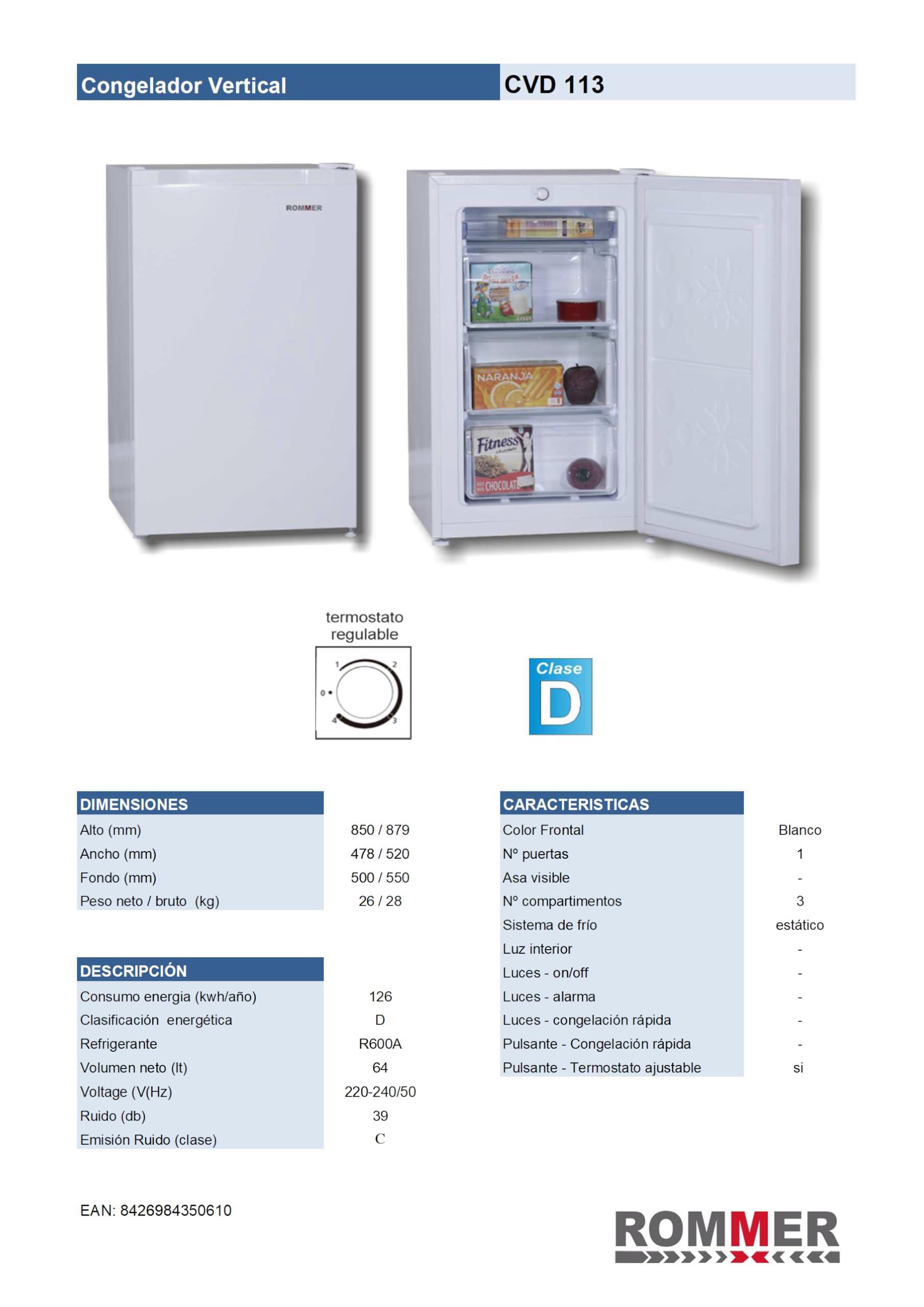 Congelador Vertical Rommer CVD 113, Capacidad 64 Litros, color Blanco