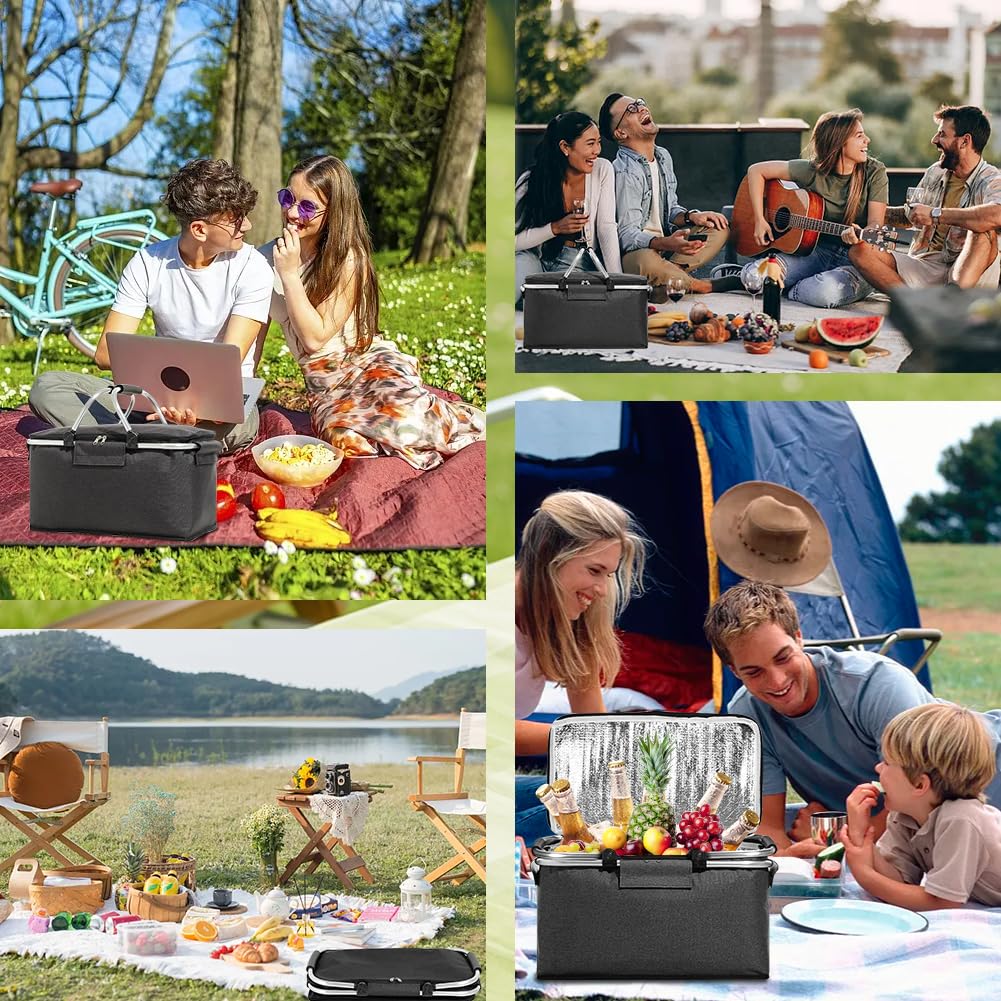 Panier à provisions pliable en alliage d'aluminium de 18 l avec poignée rembourrée et isolation zippée pour voyage/pique-nique, shopping