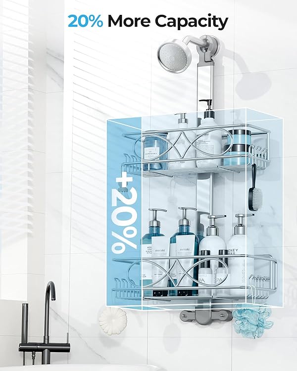 ODesign 2 Tier Stainless Steel Anodized Aluminum,Height-Adjustable Rustproof Shower Caddy Hanging Anti-Swing-Over The Shower Head Caddy-Bathroom Showe r Storage Organizer With Soap Box Holder- Sliver by ODesign - Image 9