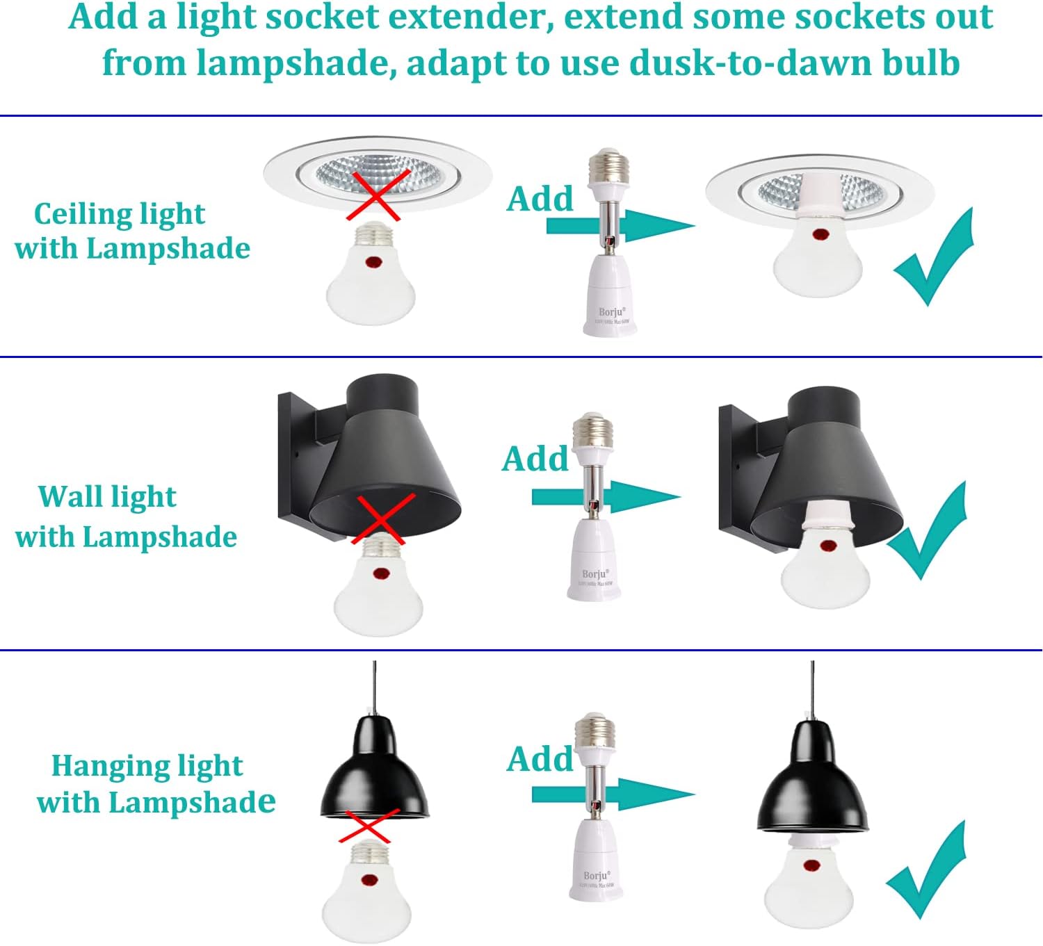 Borju Light Socket Extender [2-Pack], 4.5 Inch Extension, 360° Adjustable Socket, E26 Base