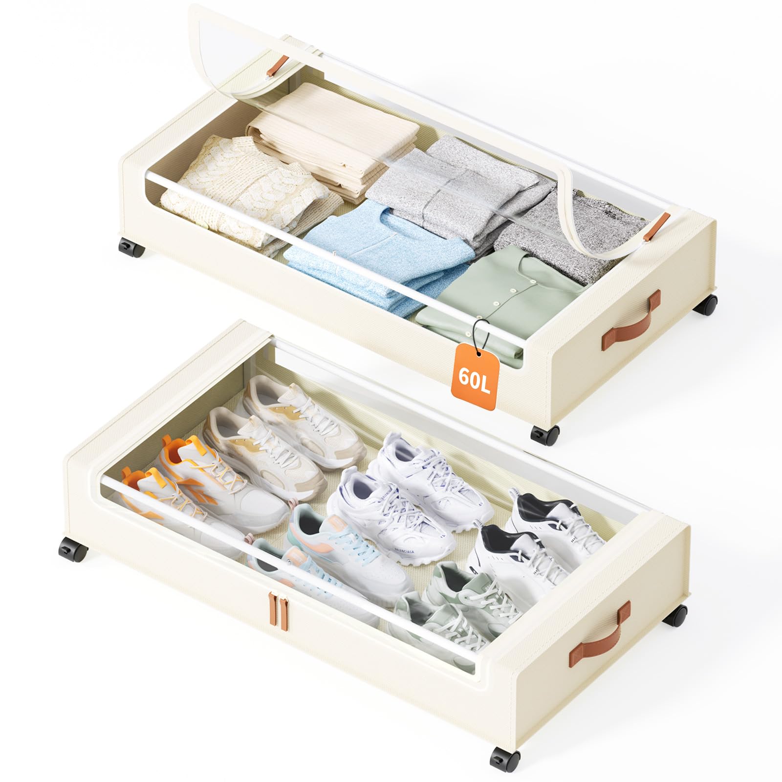 Photo 1 of Yecaye Under Bed Storage with Wheels, 2 Pack Under Bed Storage Containers, 60L Underbed Shoe Storage with Clear Window & Label, Rolling Under Bed Metal Drawer for Clothes, Shoes, Books, Blankets