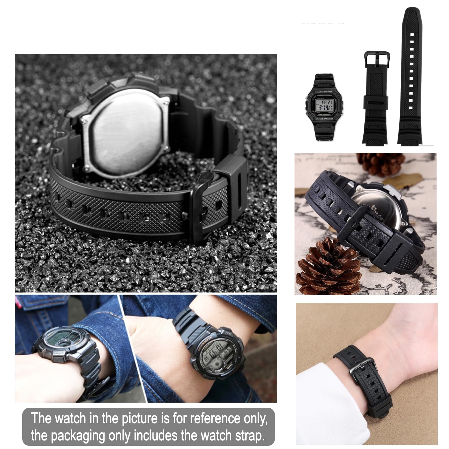 Casio AE-1300 AE-1200 SGW-300H SGW-400H SGW-500H W-218H W-219H MRW-200H Correa repuesto caucho negro 18mm impermeable