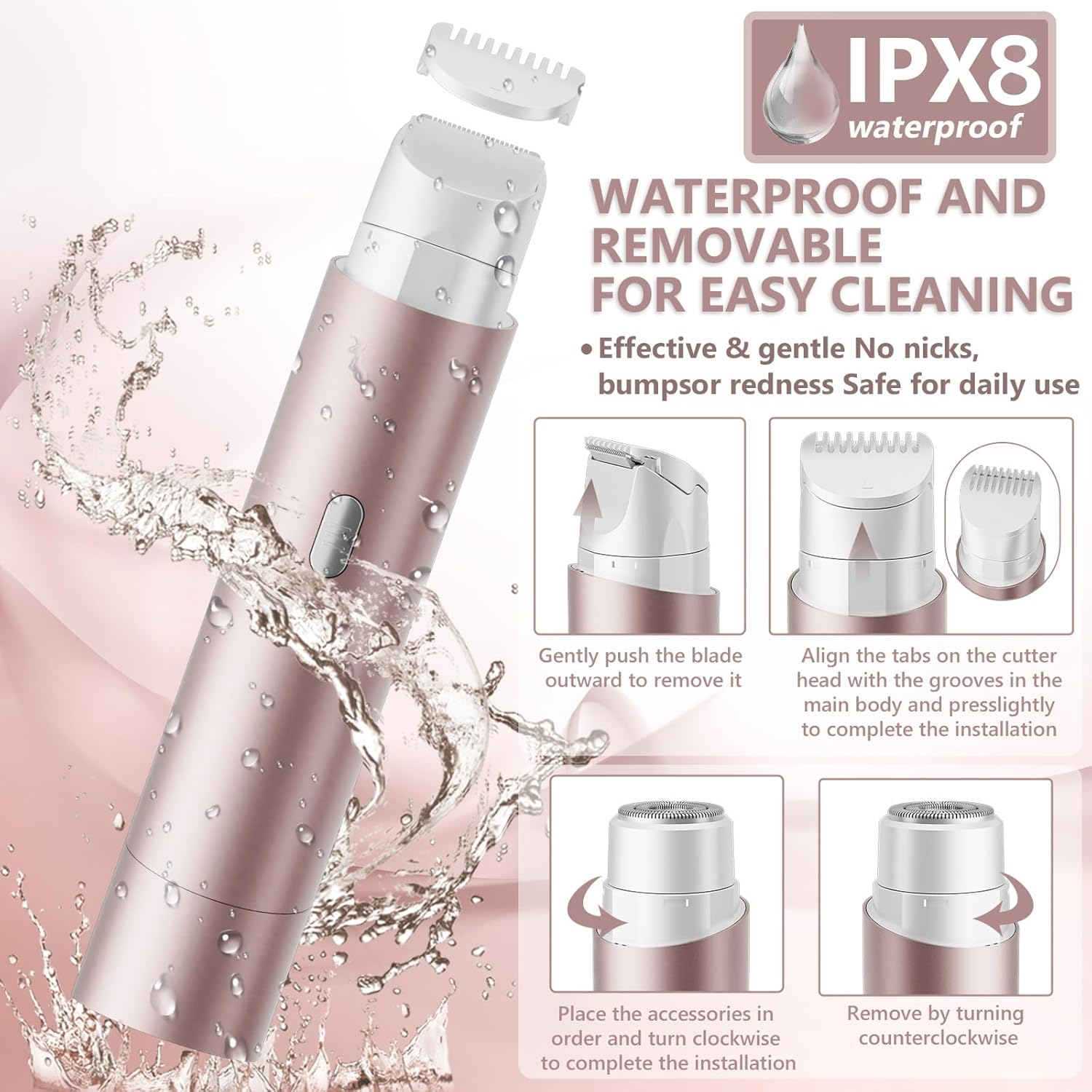 Bikini Trimmer for Women, 2-in-1 Electric Shaver & Painless Hair Remover, IPX8 Waterproof for Wet & Dry Use, USB-C Fast Charge, for Body Face Legs Underarms Sensitive Skin - Rose Pink - Image 3