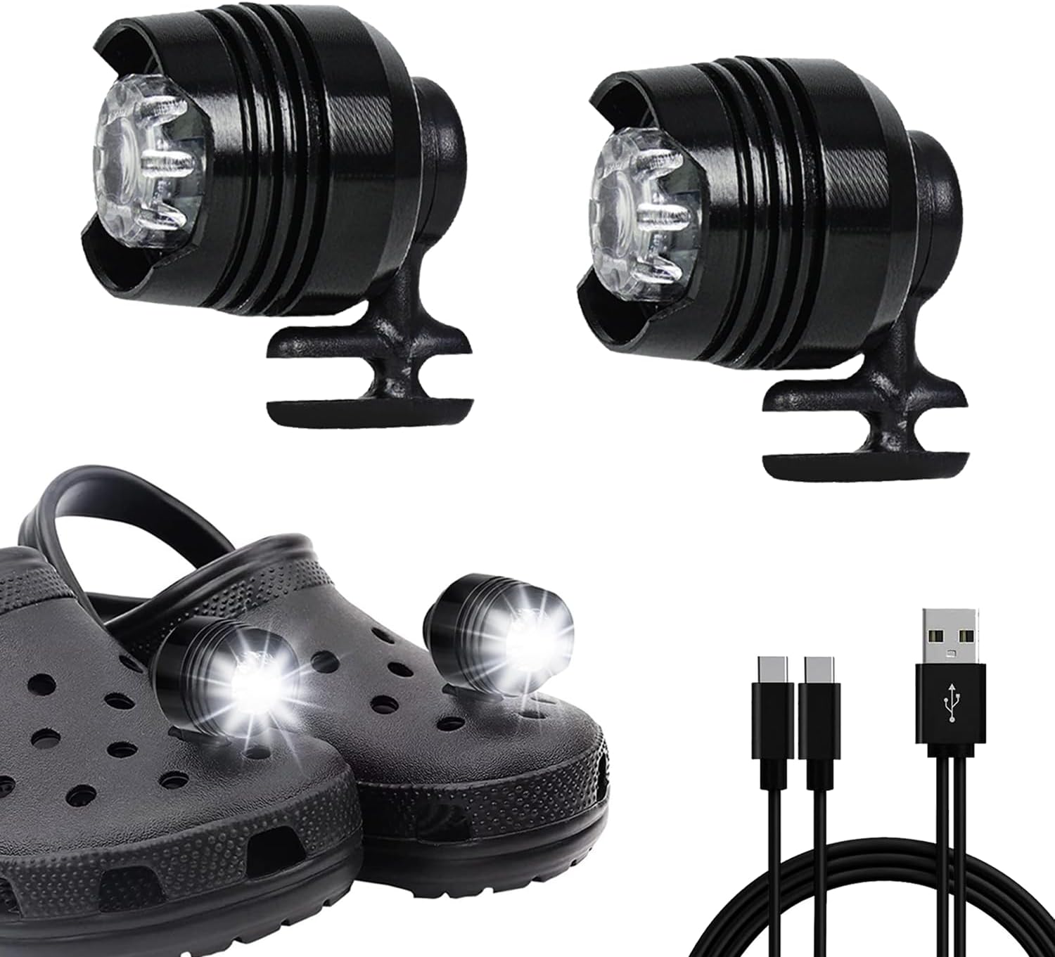 Rechargeable Shoe Lights 2 PCS, 3 Lighting Mode Headlights for Croc Style Shoes, Camping Accessories Shoe Charm Decoration Light, IPX5 Waterproof Shoe Headlights for Walking Hiking, Gift for Men Women