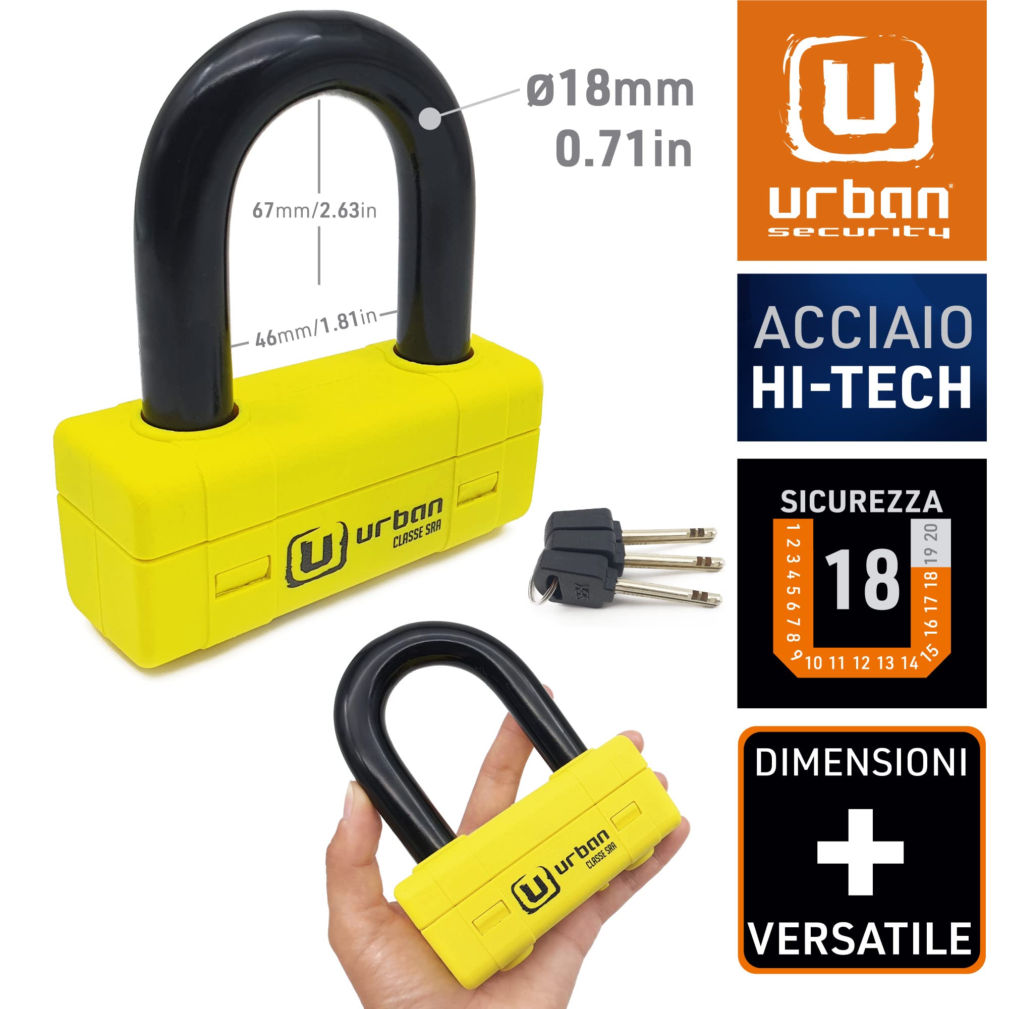 URBAN UR75 Antifurto Bloccadisco Moto Mini U Testato Massima Sicurezza, Omologato SRA, Arco in Acciaio Cementato ø18 con Doppia Chiusura, Più Versatile e Deterrente, Cavo Promemoria, Lucchetto Moto
