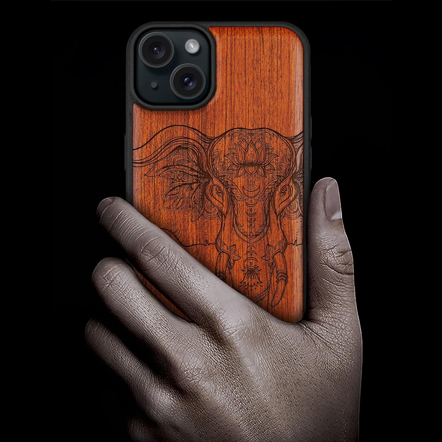Carveit Magnetic Wooden Case for iPhone 15 Plus Case, Compatible with MagSafe Wireless Chargers, Black Soft TPU Shockproof Cover & Wood Artisan Engraved (Mandala Elephant) - Rosy