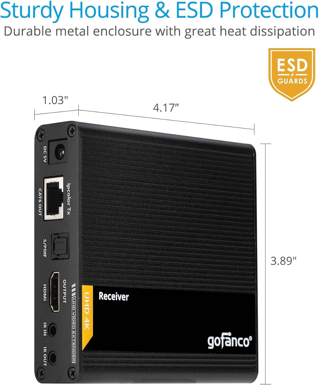 gofanco 4K HDMI 2.0 [Receiver] Box Balun Over CAT6/7 Ethernet Cable – Additional Receiver Box, Cascadable, 4K @60Hz, HDR, 18Gbps, HDCP 2.2, Dual IR, Toslink Audio, Low Latency (HD20Ext-RX)